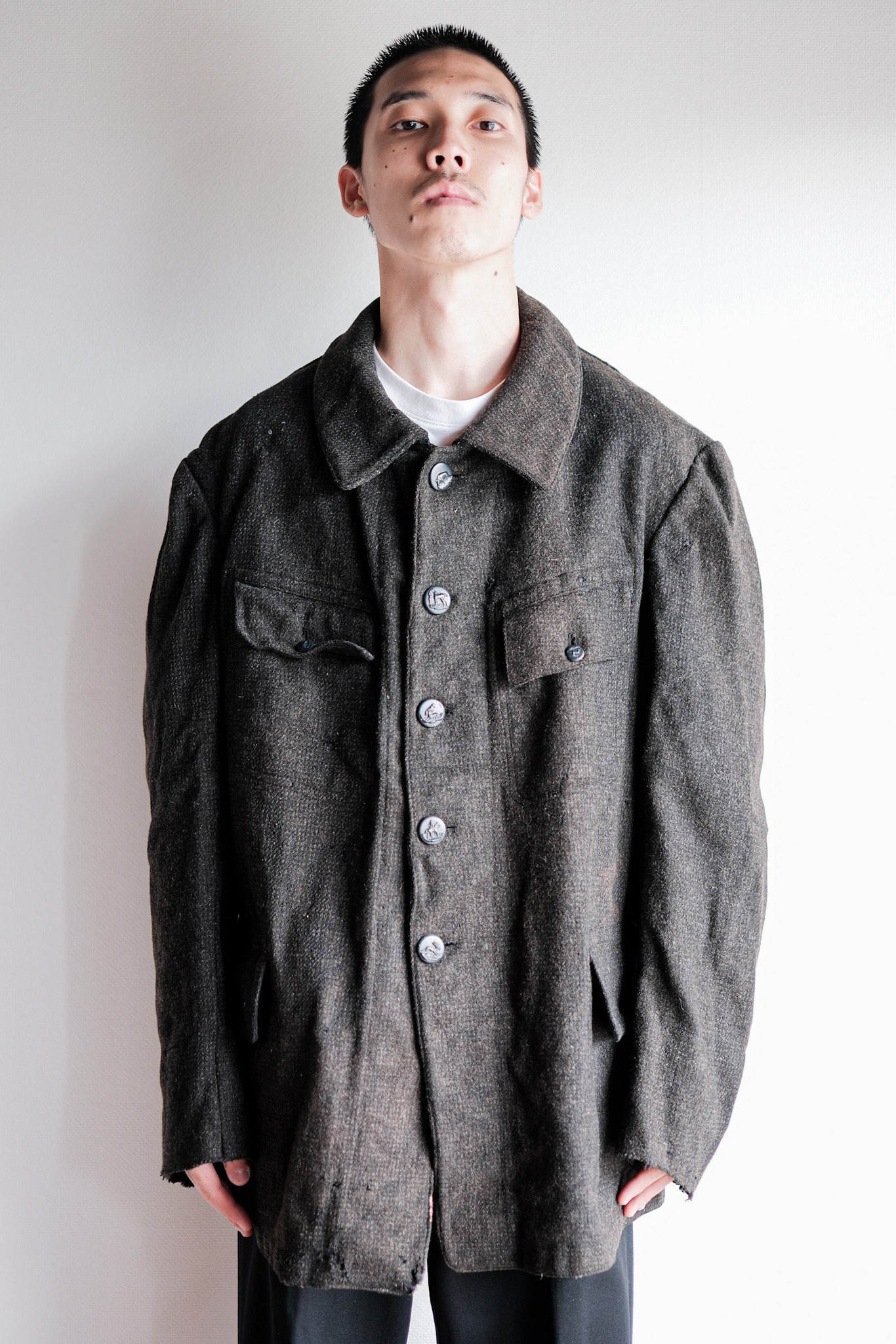 【~30's】French Vintage Gray Wool Hunting Jacket With Chin Strap "Boro"