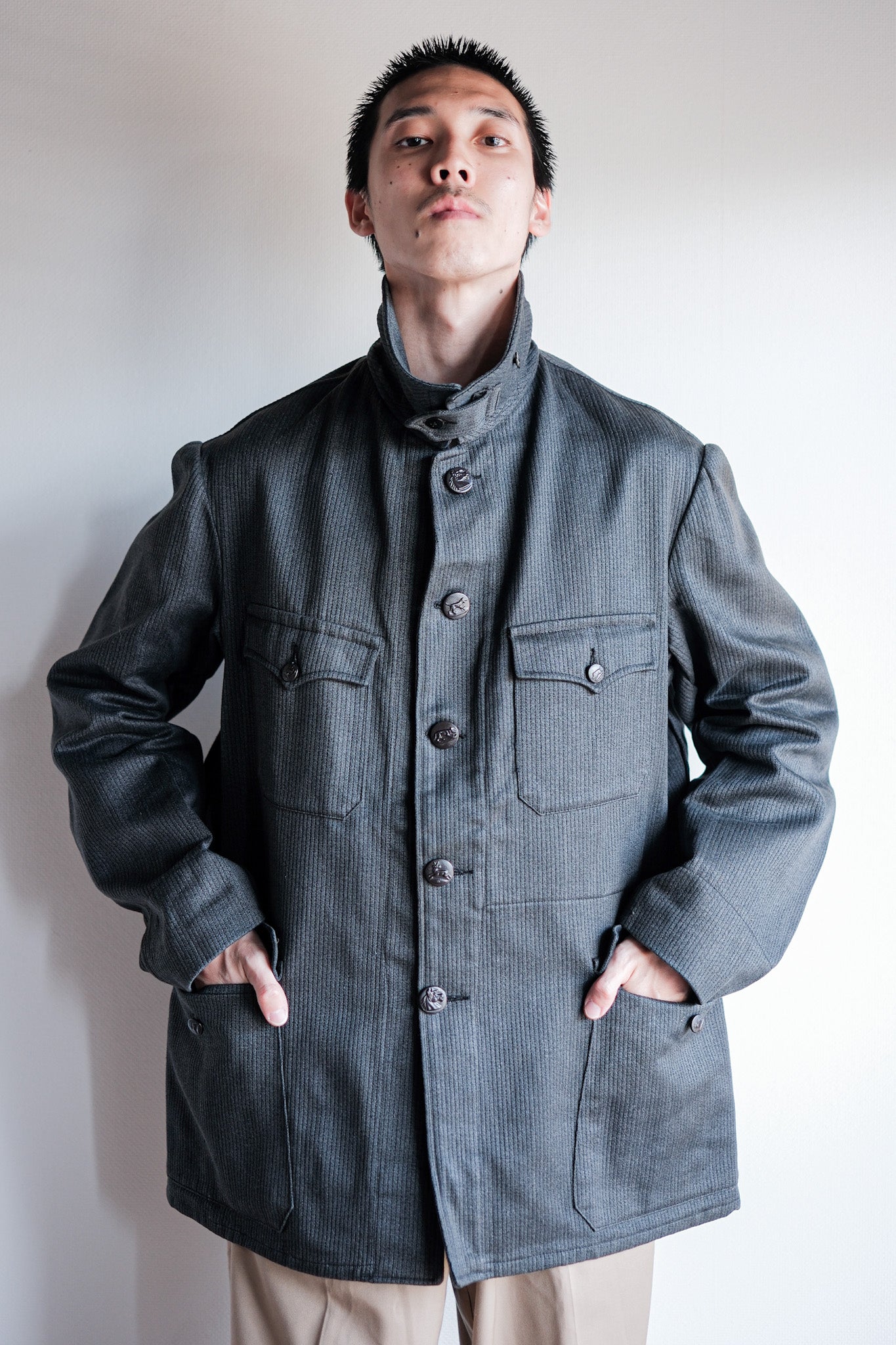 【~50's】French Vintage Gray Cotton Pique Hunting Jacket With Chin Strap "Dead Stock"