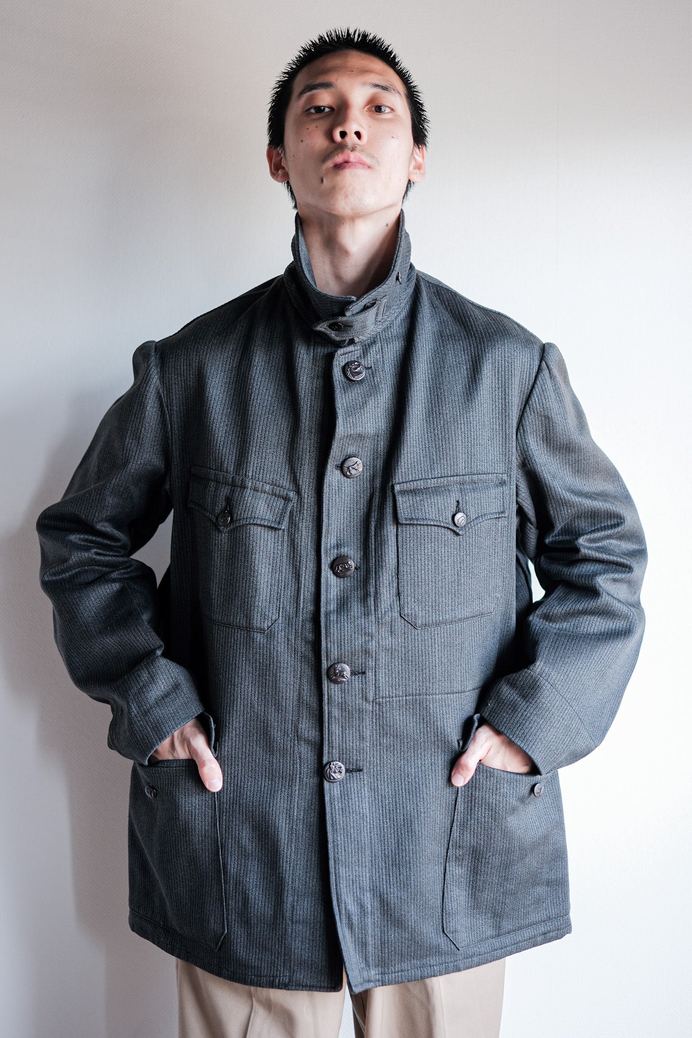 ［~50's］French Vintage Gray Cotton Pique Hunting Jacket With Chin Strap "Dead Stock"