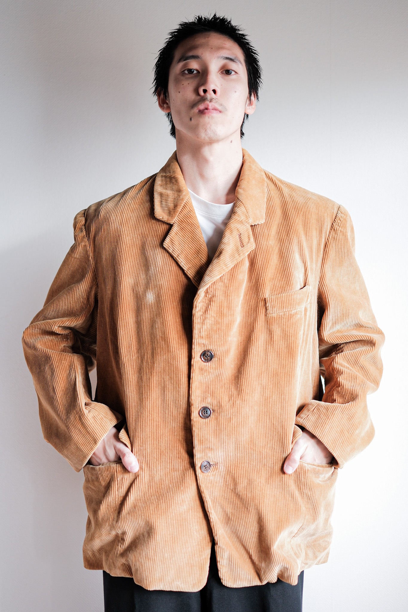 [〜60年代]法國復古黃棕色燈芯絨翻領工作夾克