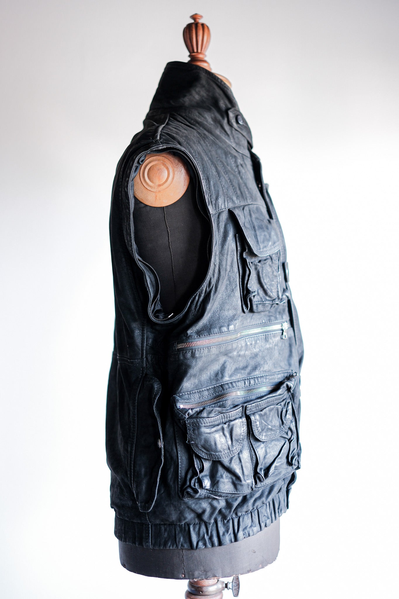 ［~90's］Old Renoma Paris Black Leather Detachable Sleeve Multi Pocket Jacket Size.M