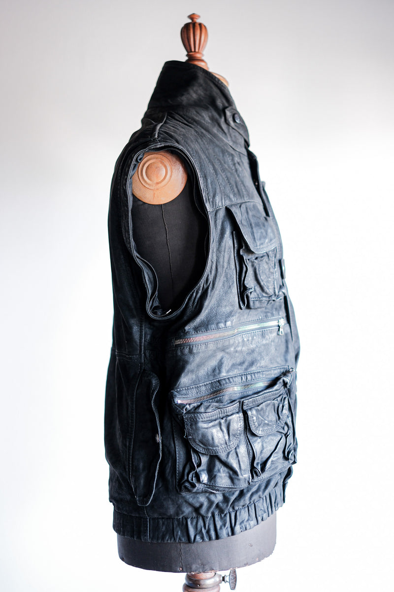 [~90's] Old Renoma Paris Black Leather Detachable Sleeve Multi Pocket Jacket Size.M