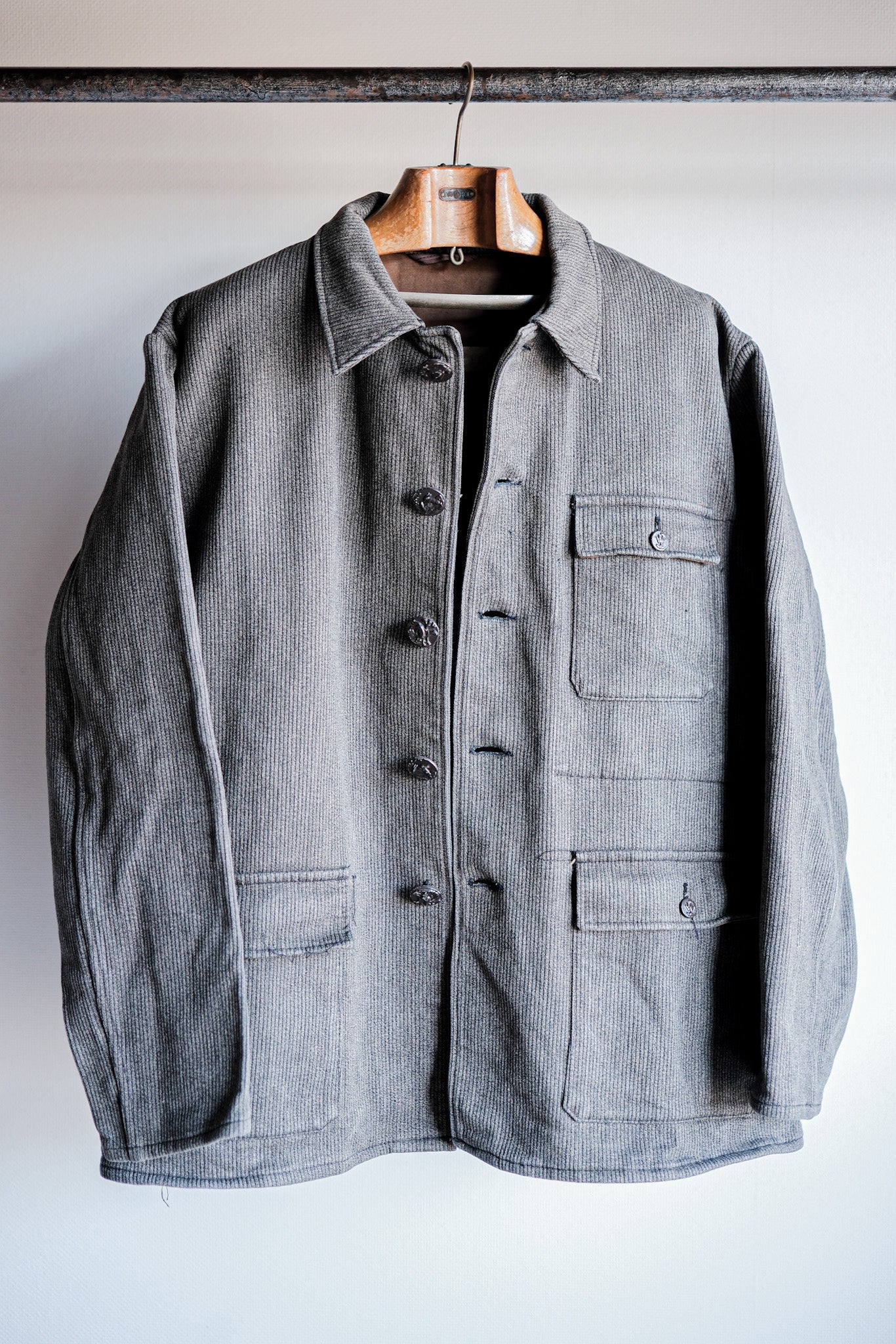 【~60's】French Vintage Brown Gray Salt & Pepper Cotton Pique Hunting Jacket "Le Mont St. Michel"