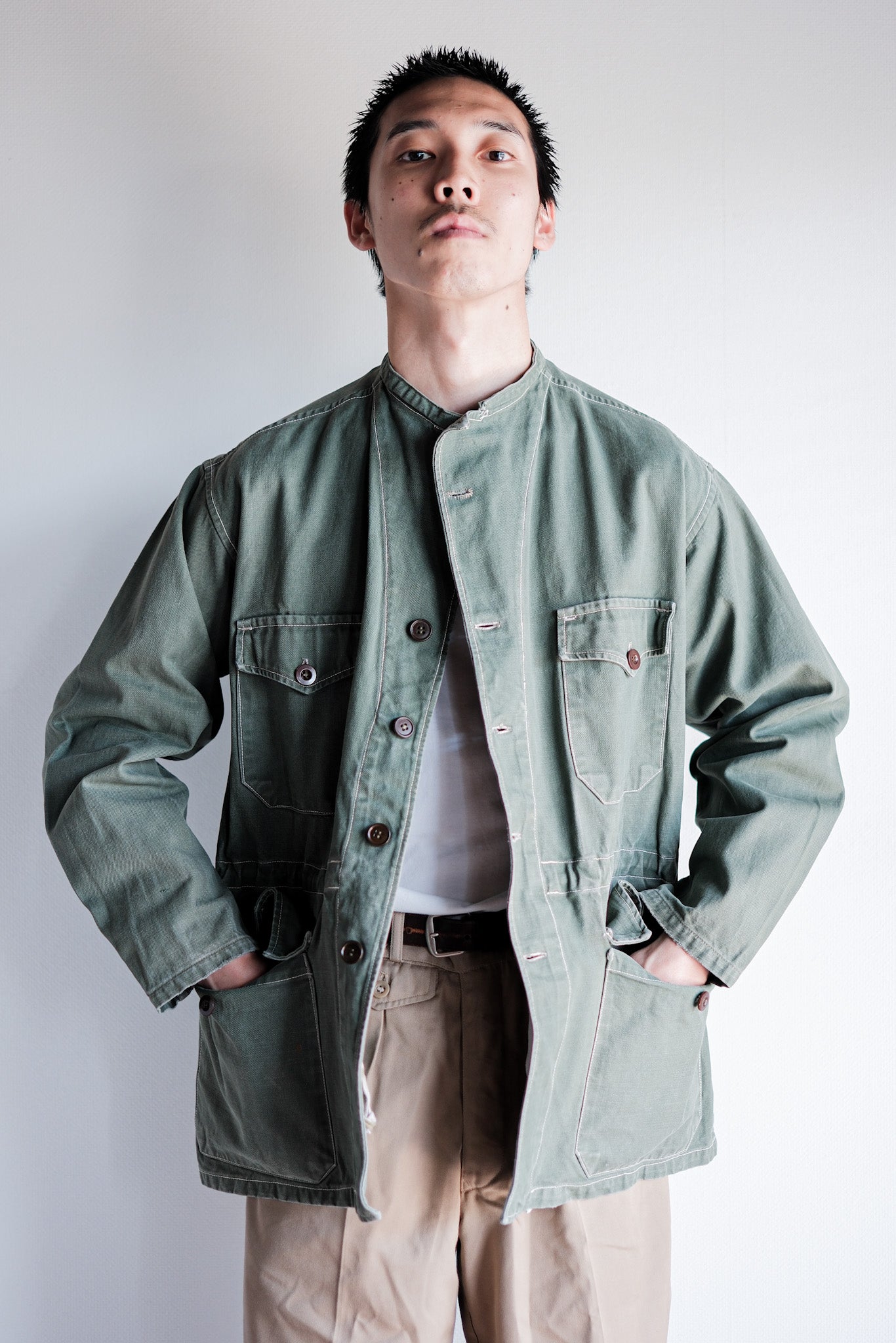 ［~50's］French Vintage Green Cotton Twill 4 Pockets Work Jacket "Unusual Pattern"
