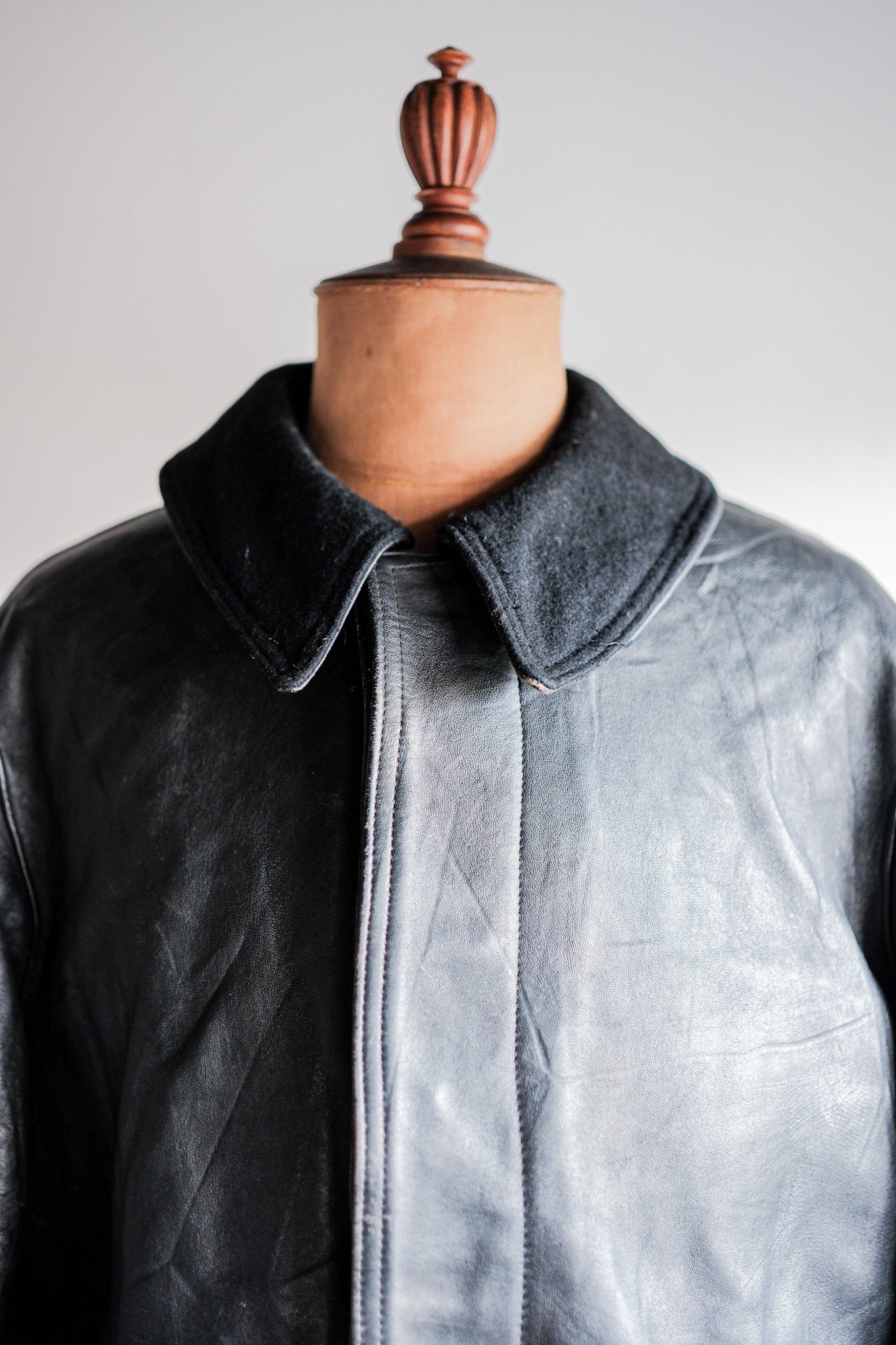 【~60's】French Vintage Black Leather Work Jacket "Wool Collar"