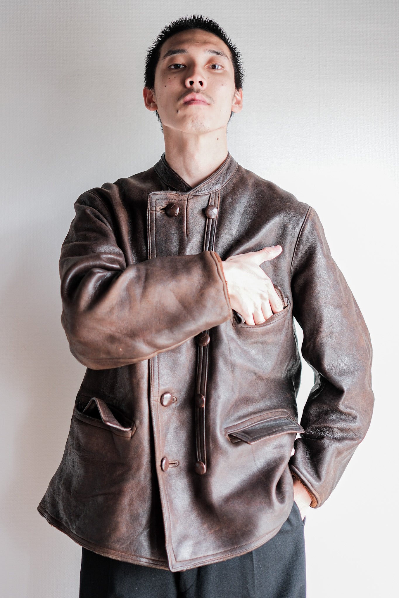 【~40's】Swedish Vintage Double Breasted Leather Jacket