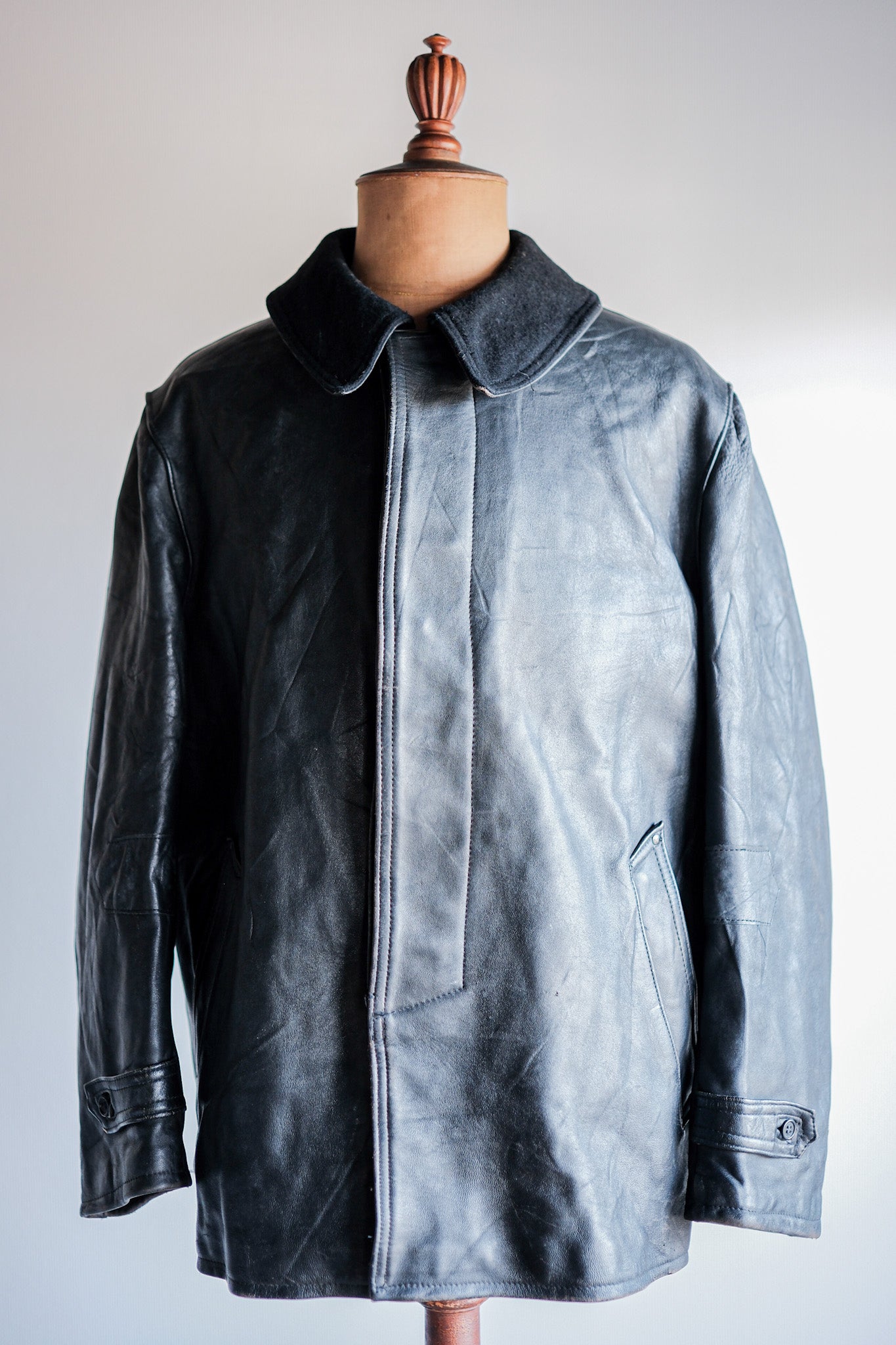 [~ 60's] Jacket de travail en cuir noir vintage français "col en laine"