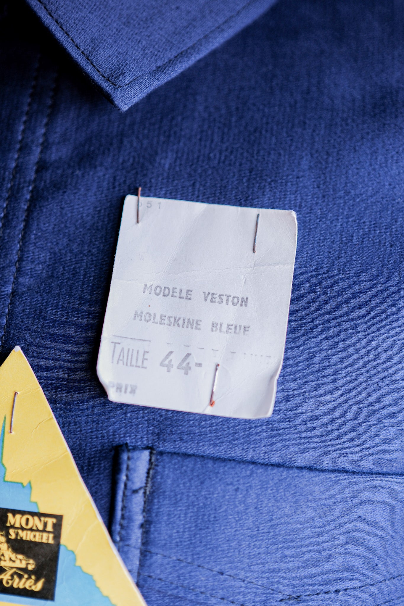 【~50’s】French Vintage Blue Moleskin Work Jacket Size.44 "Le Mont St. Michel" "Dead Stock"