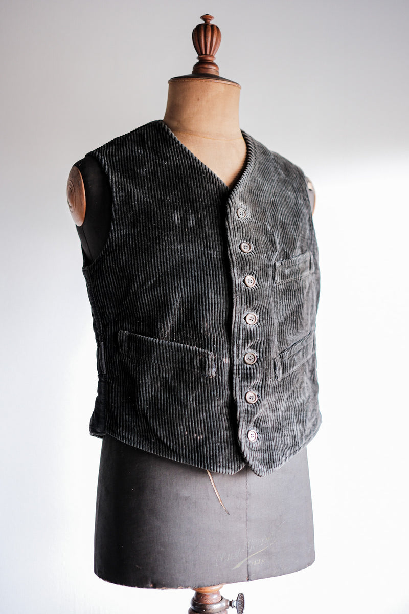 [~ 30's] French Vintage Dark Brown Corduroy Work Gilet 