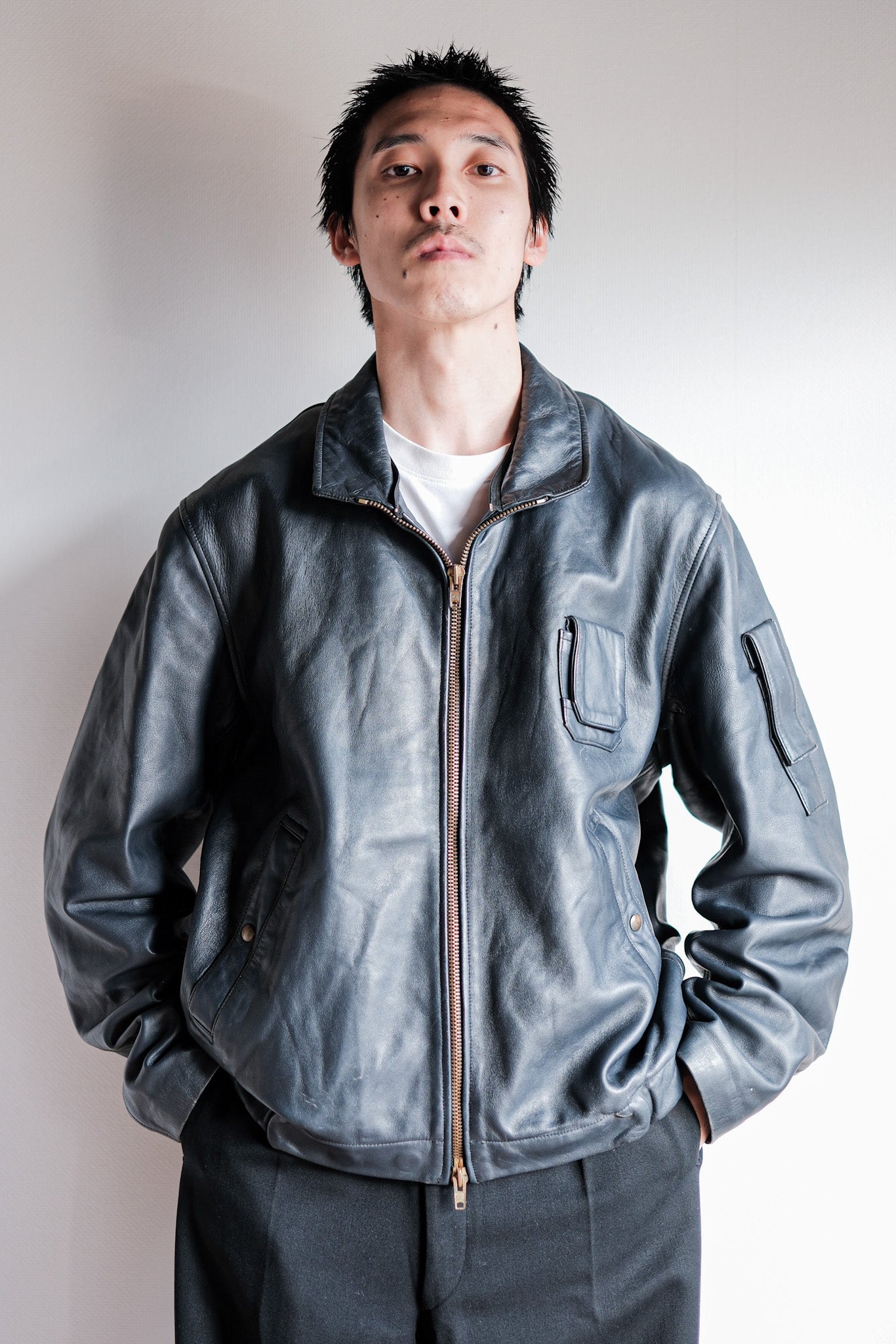 【~70's】French Air Force Pilot Leather Jacket With Chin Strap Size.100L