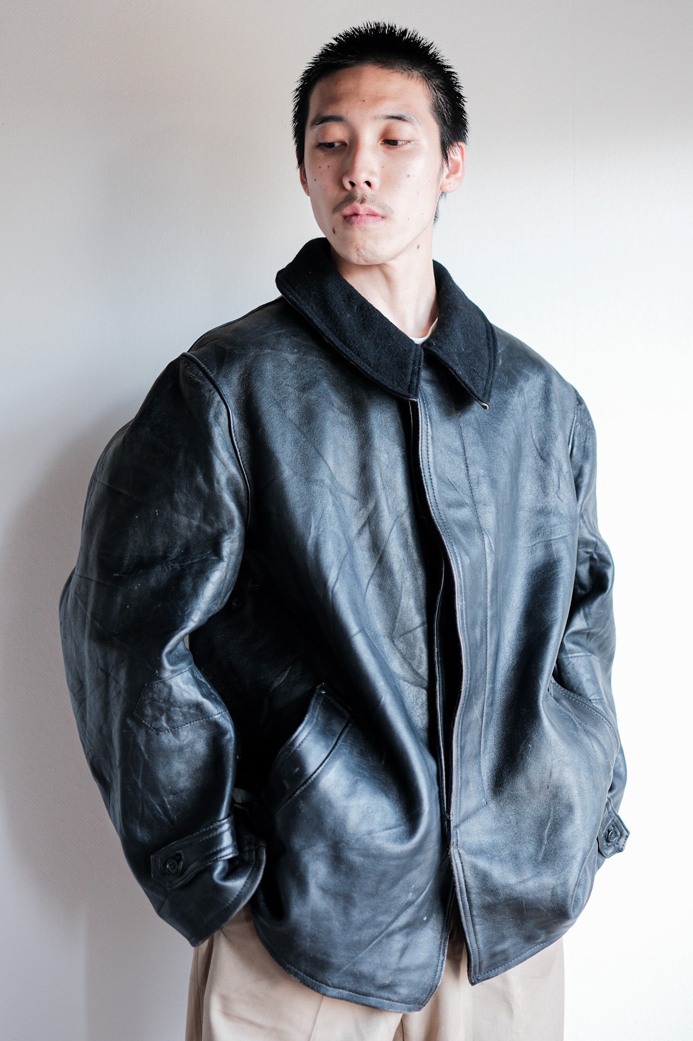 ［~60's］French Vintage Black Leather Work Jacket "Wool Collar"
