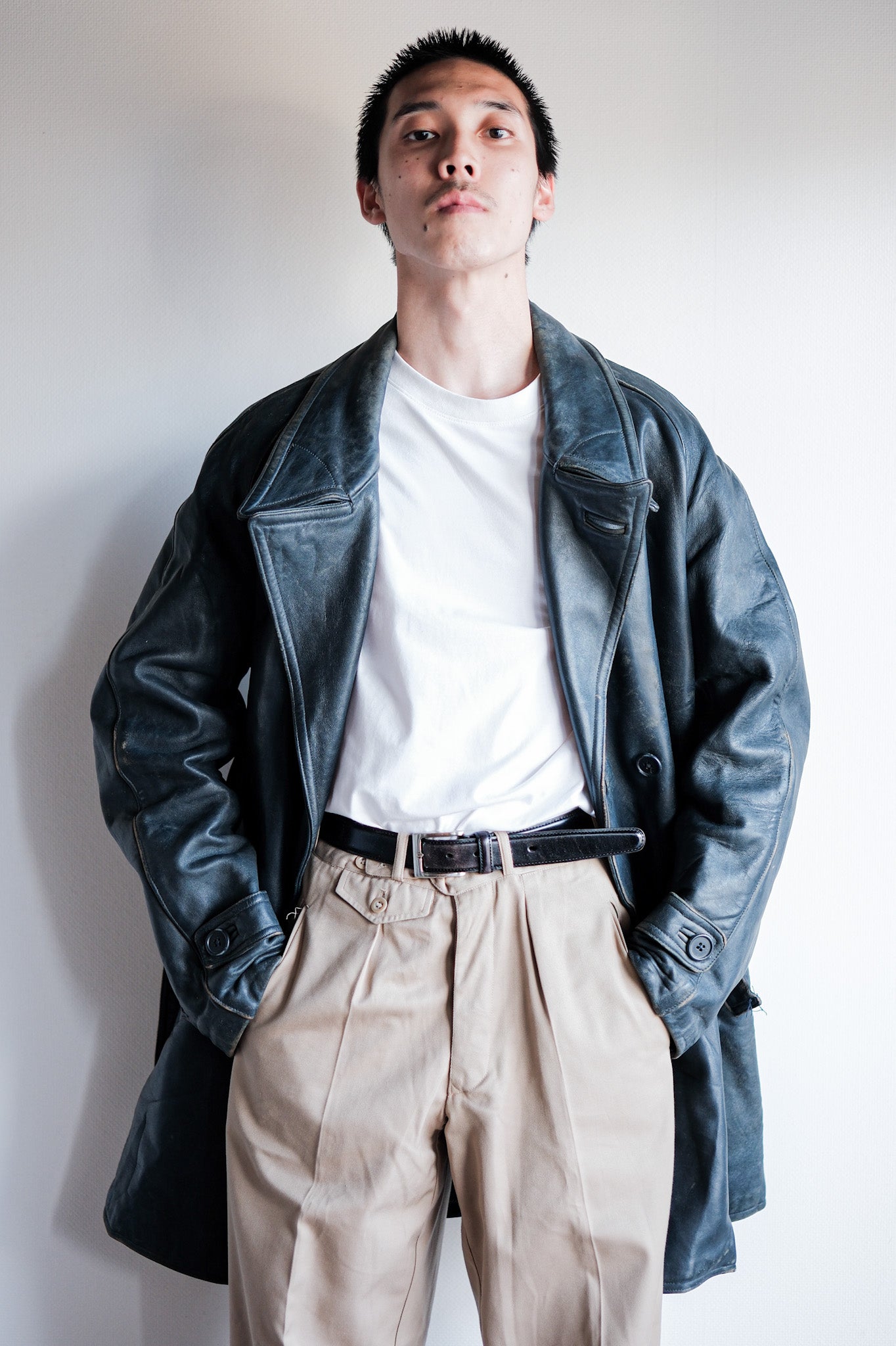 ［~50's］French Vintage Double Breasted Leather Work Coat With Chin Strap