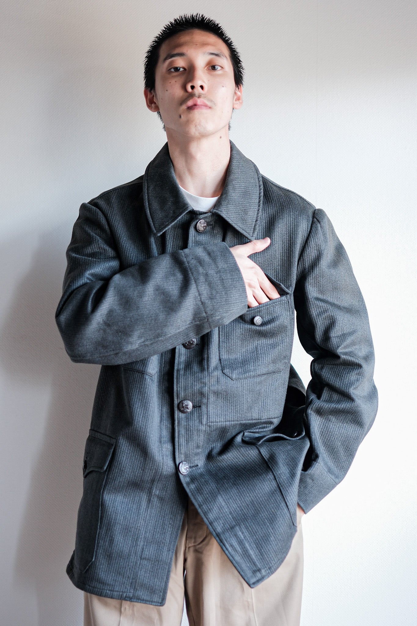 [~ 50's] French Vintage Gray Cotton Pique Hunting Jacket with China Strap "Dead Stock"