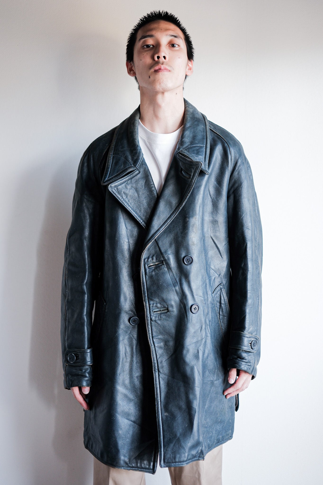 ［~50's］French Vintage Double Breasted Leather Work Coat With Chin Strap