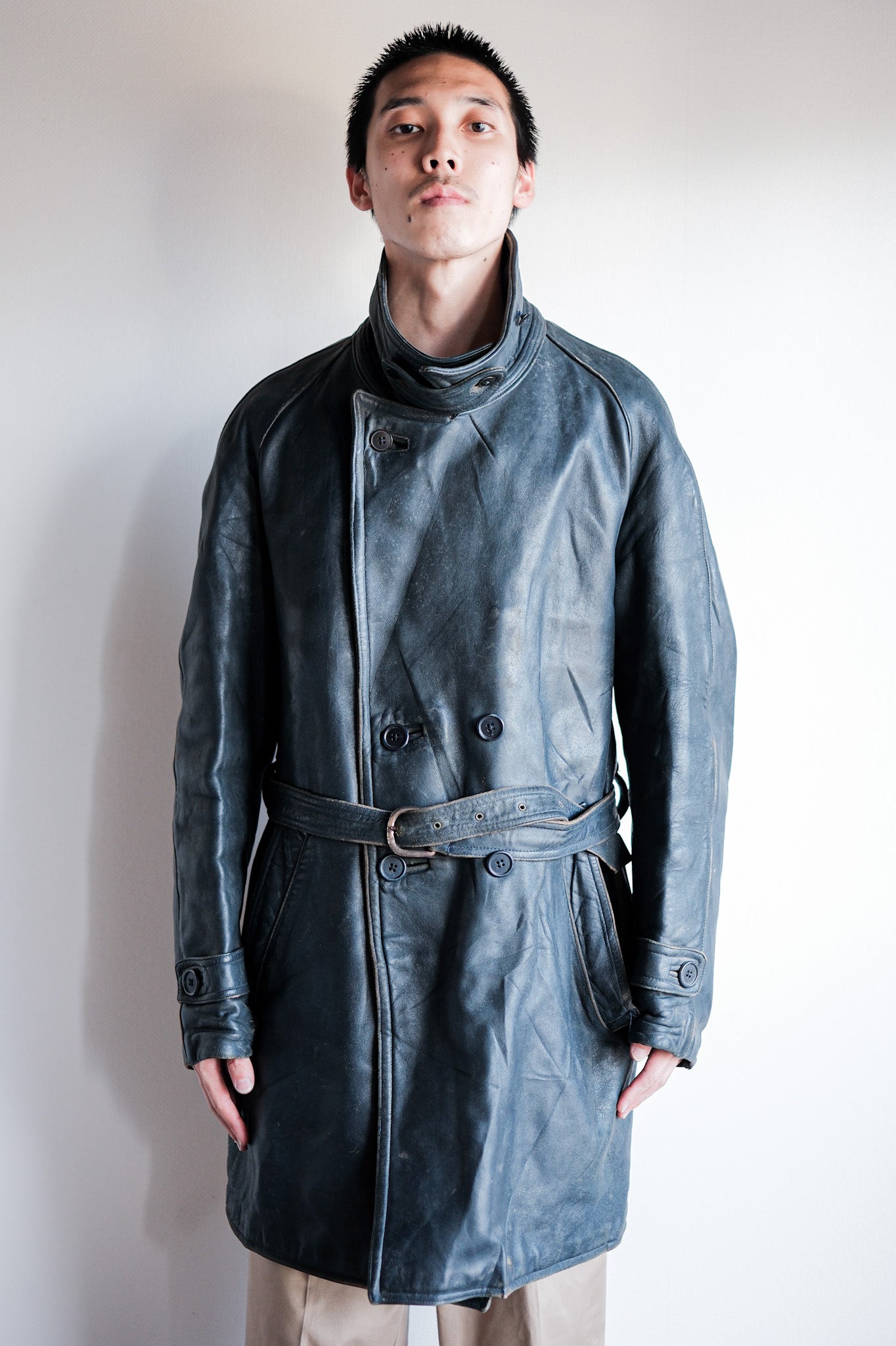 ［~50's］French Vintage Double Breasted Leather Work Coat With Chin Strap