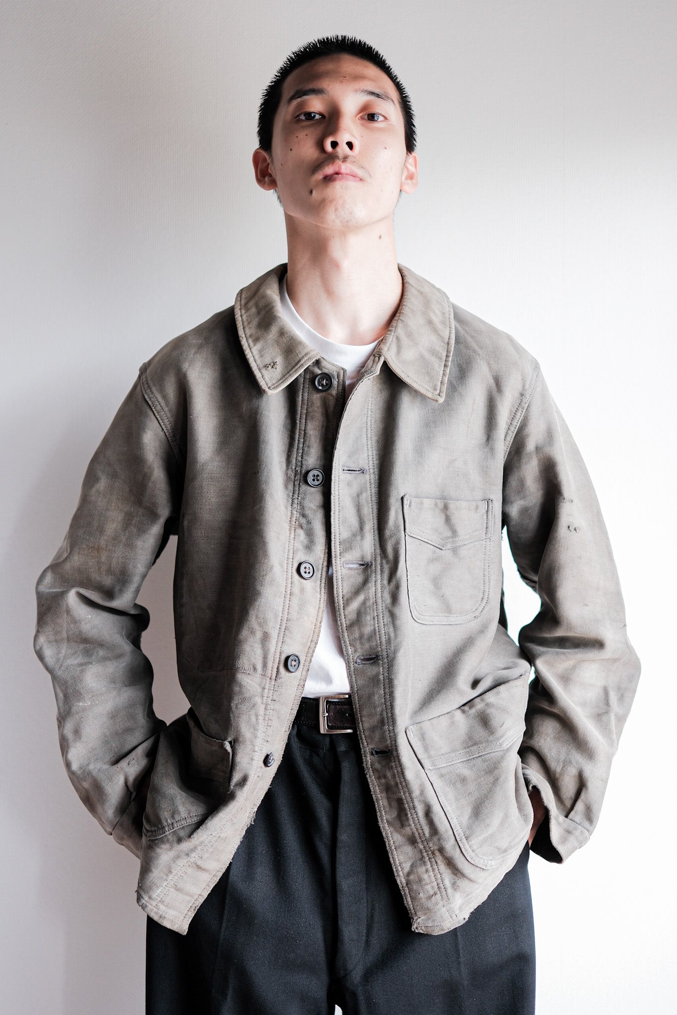 40's] French Vintage Black Moleskin Work Jacket 