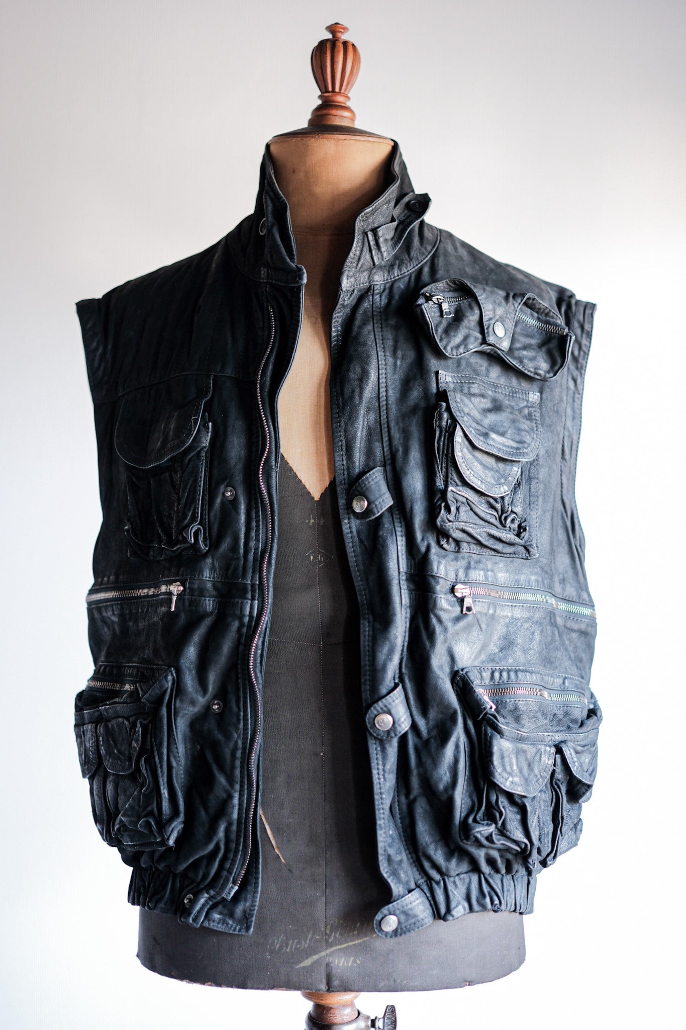 ［~90's］Old Renoma Paris Black Leather Detachable Sleeve Multi Pocket Jacket Size.M