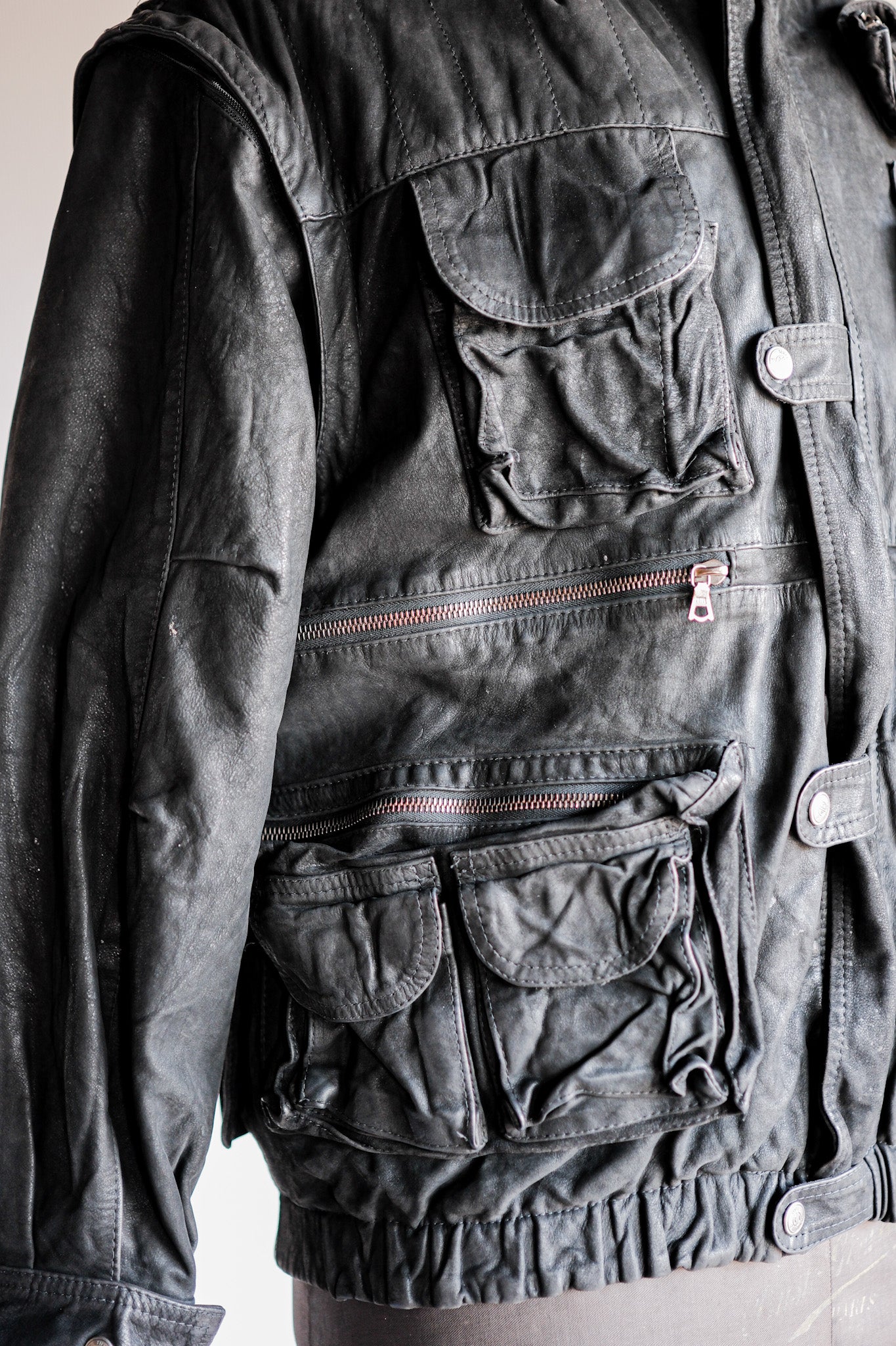 ［~90's］Old Renoma Paris Black Leather Detachable Sleeve Multi Pocket Jacket Size.M