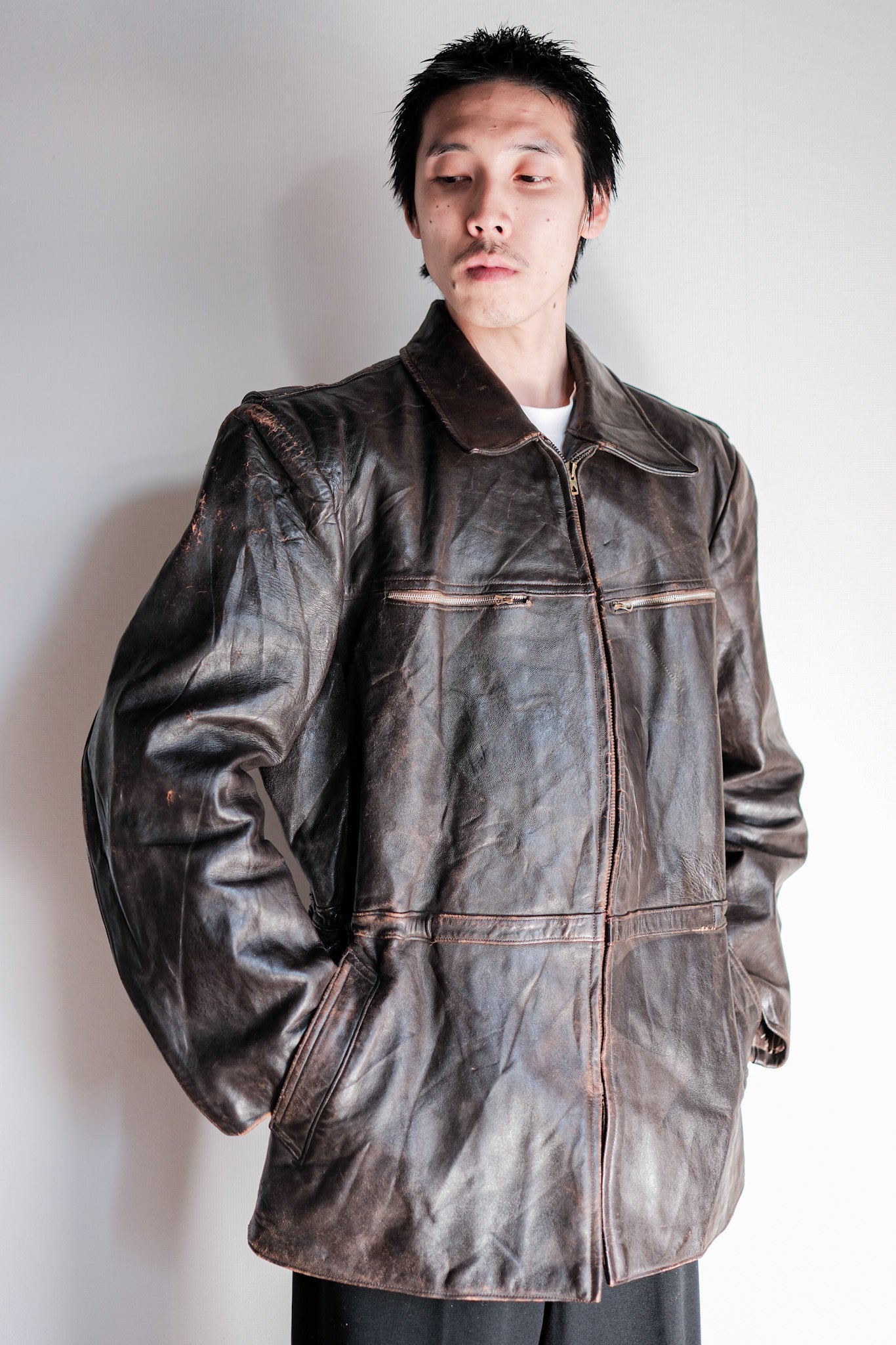 【~50's】French Vintage Cyclist Leather Jacket Size.52 "Adolphe Lafont"