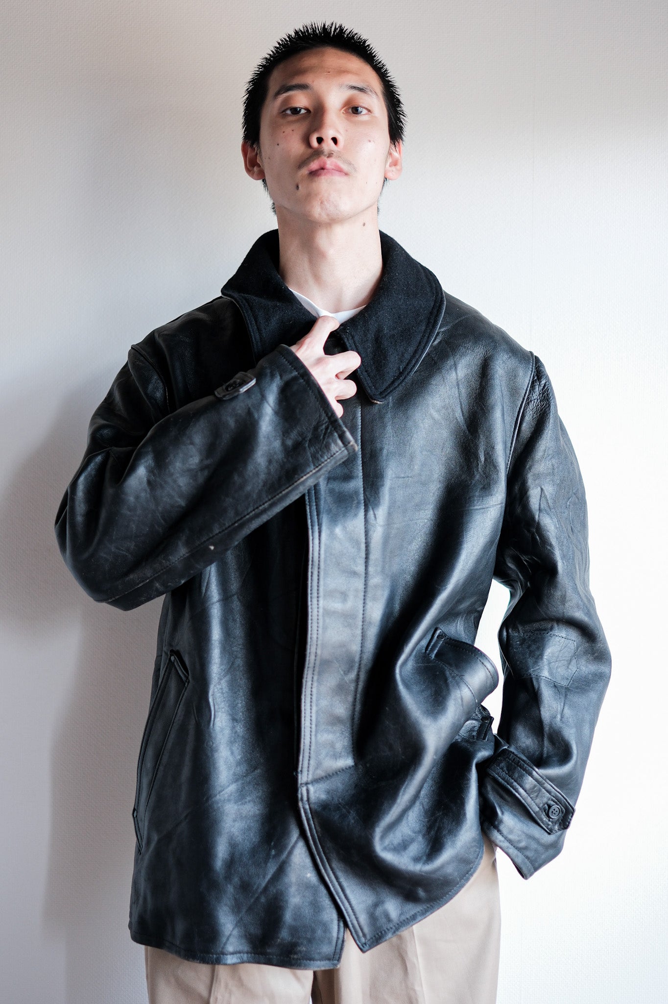 ［~60's］French Vintage Black Leather Work Jacket "Wool Collar"