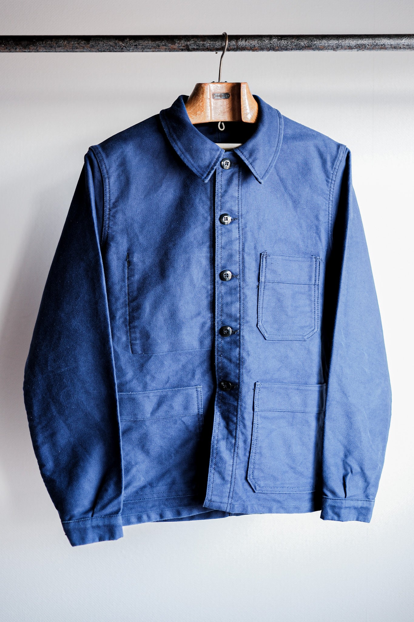 【~70's】French Vintage Blue Moleskin Work Jacket Size.40 "Le Mont St. Michel"