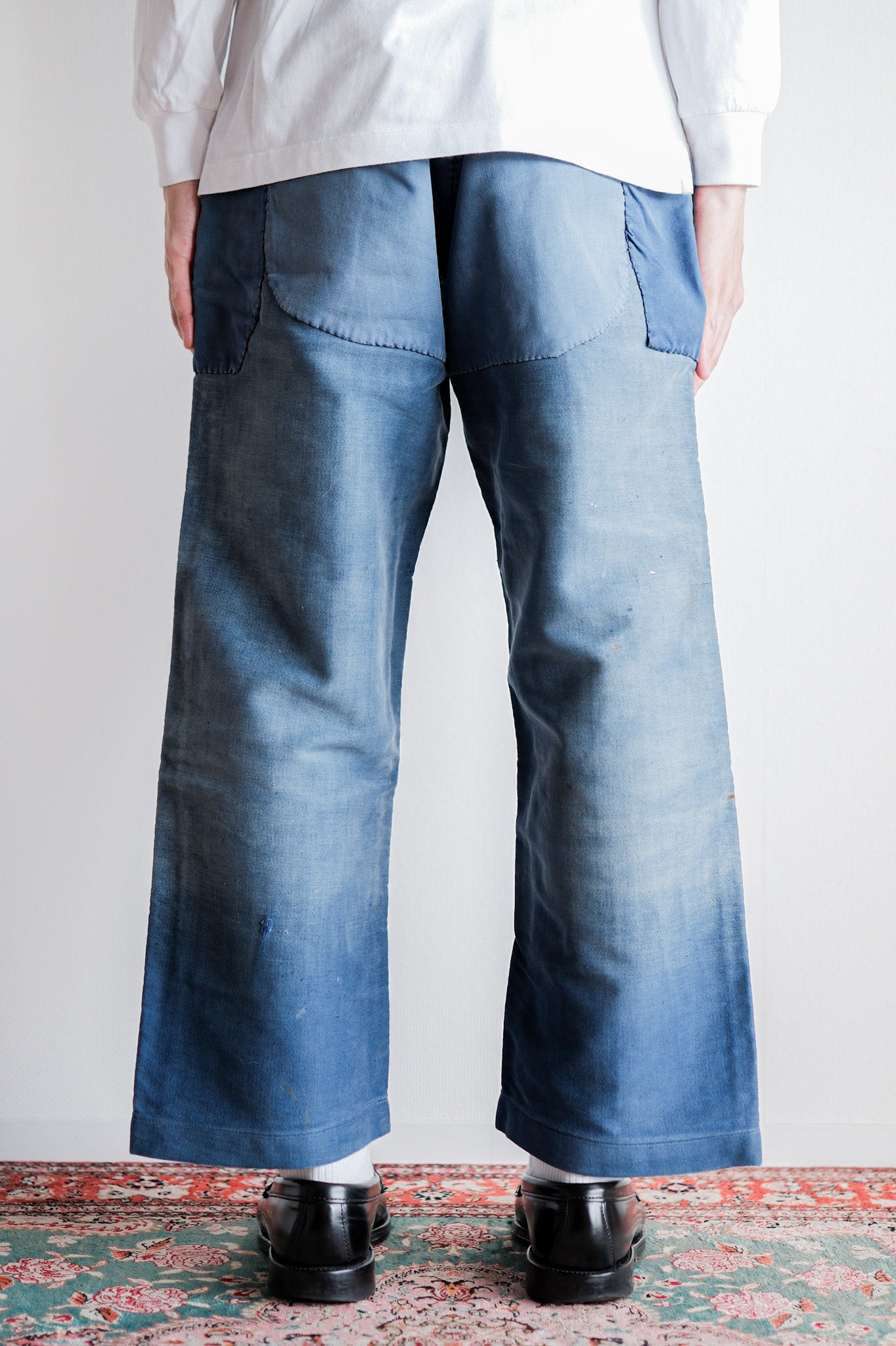 【~30's】French Vintage Blue Moleskin Work Pants "Patchwork"