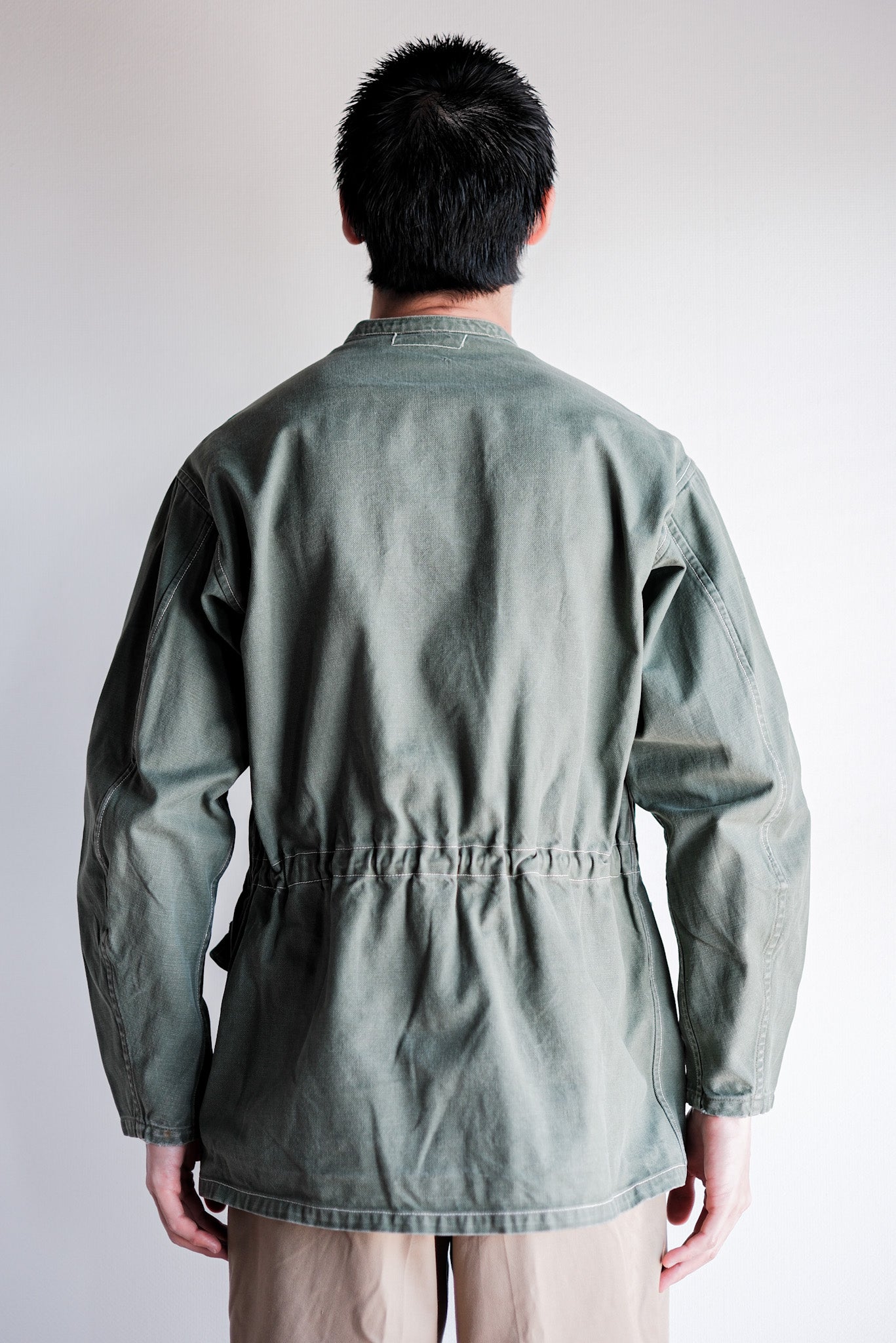 [~ 50's] French Vintage Green Cotton Twill 4 PocketS Work Jacket "Unusual Pattern"