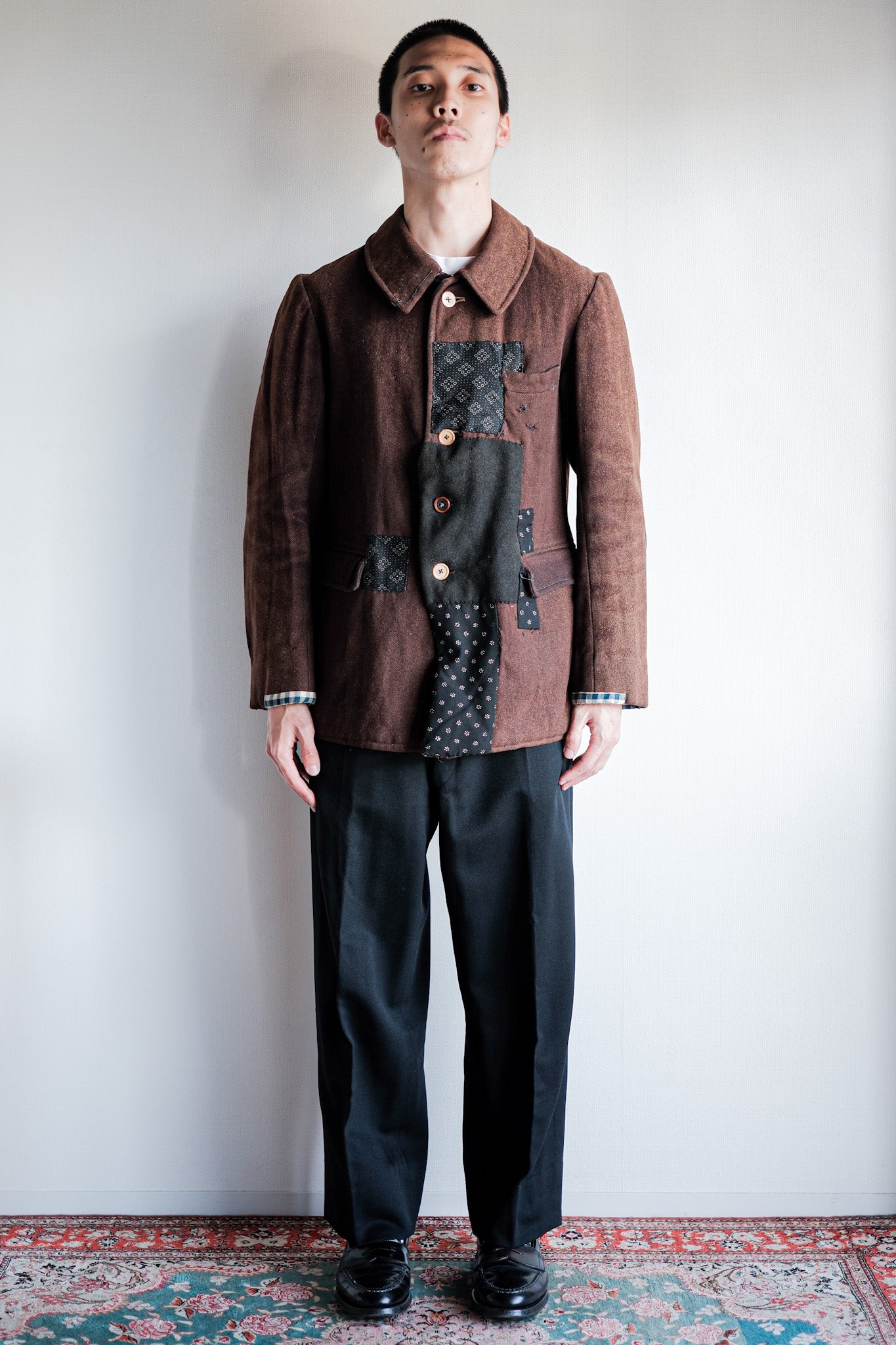 【~20's】French Vintage Brown Wool Work Jacket "Patchwork"