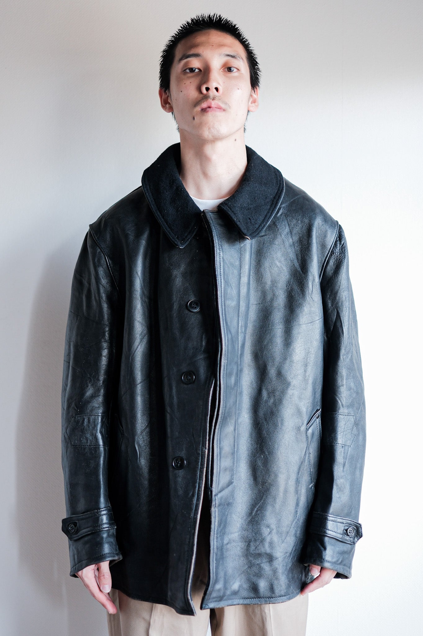 【~60's】French Vintage Black Leather Work Jacket "Wool Collar"