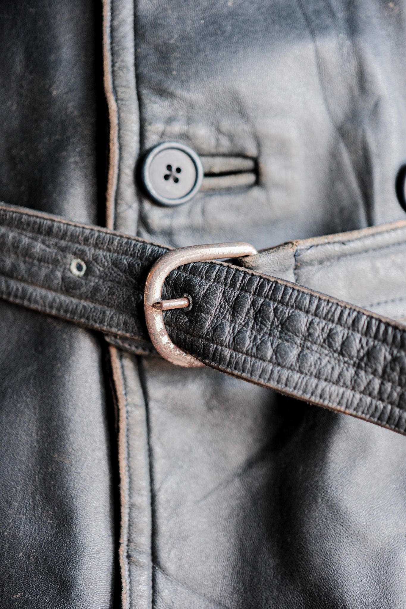 ［~50's］French Vintage Double Breasted Leather Work Coat With Chin Strap