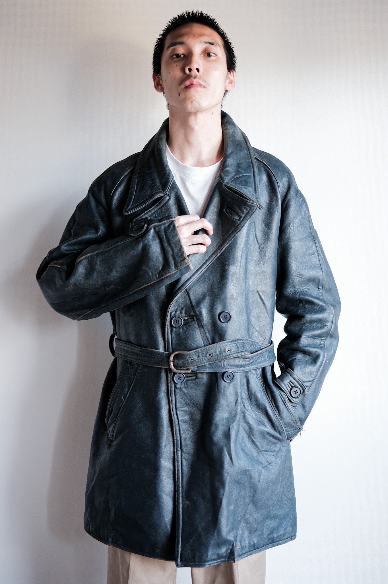 ［~50's］French Vintage Double Breasted Leather Work Coat With Chin Strap