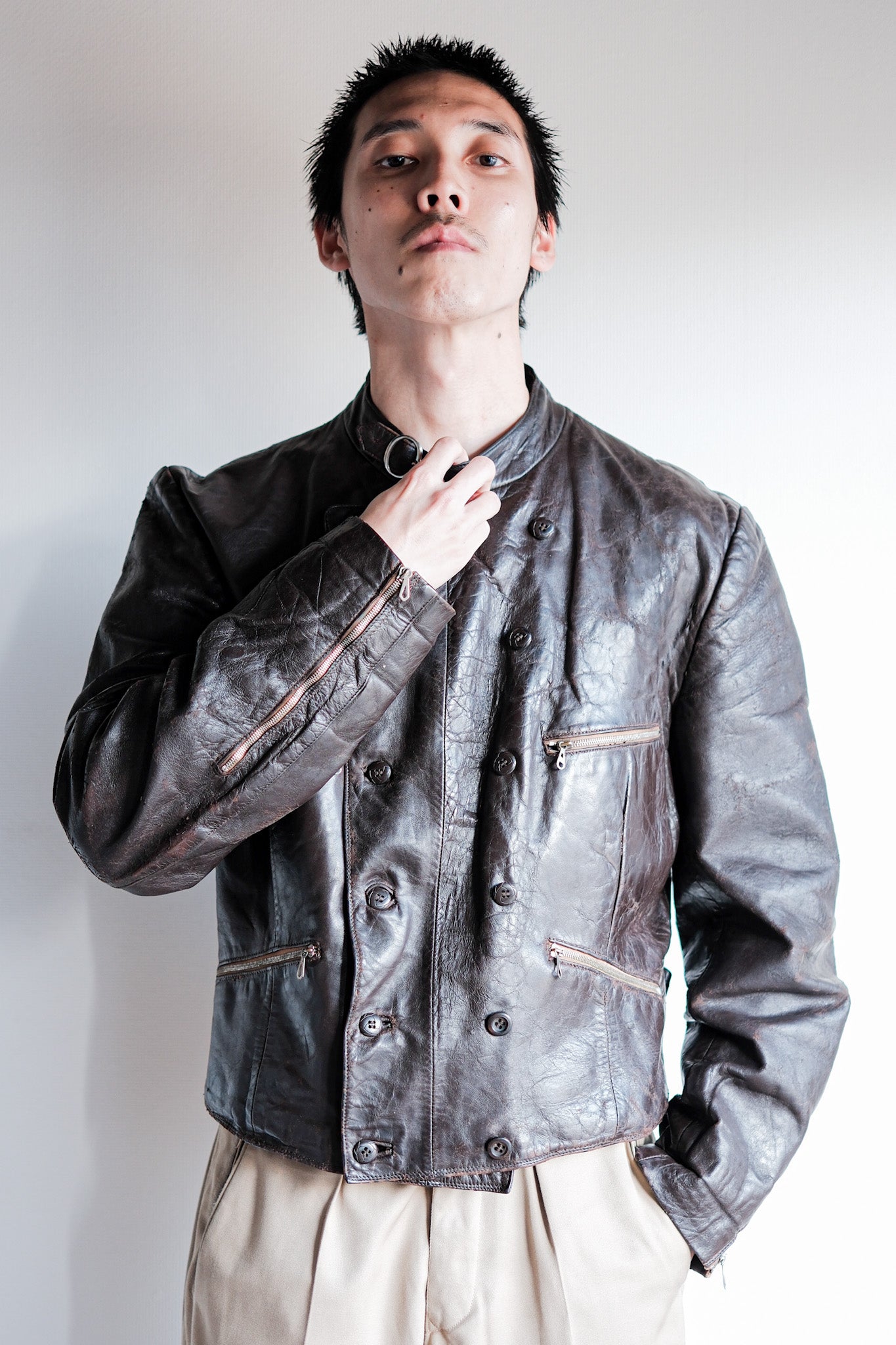 [~ 40's] German Vintage Double Breasted Motorcycle Leather Jacket