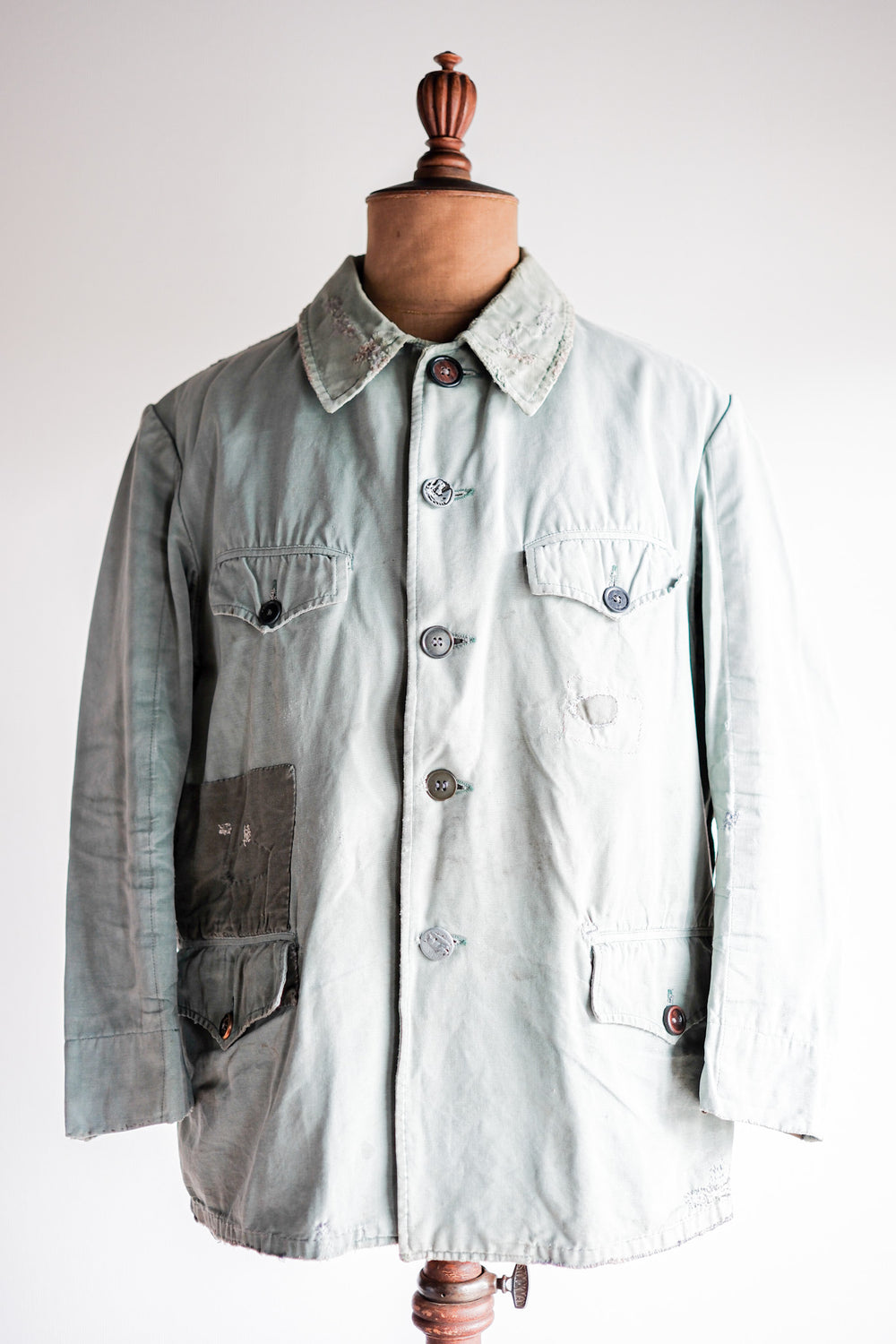 ［~50's］French Vintage Green Cotton Canvas Hunting Jacket With Chin Strap "Patchwork"