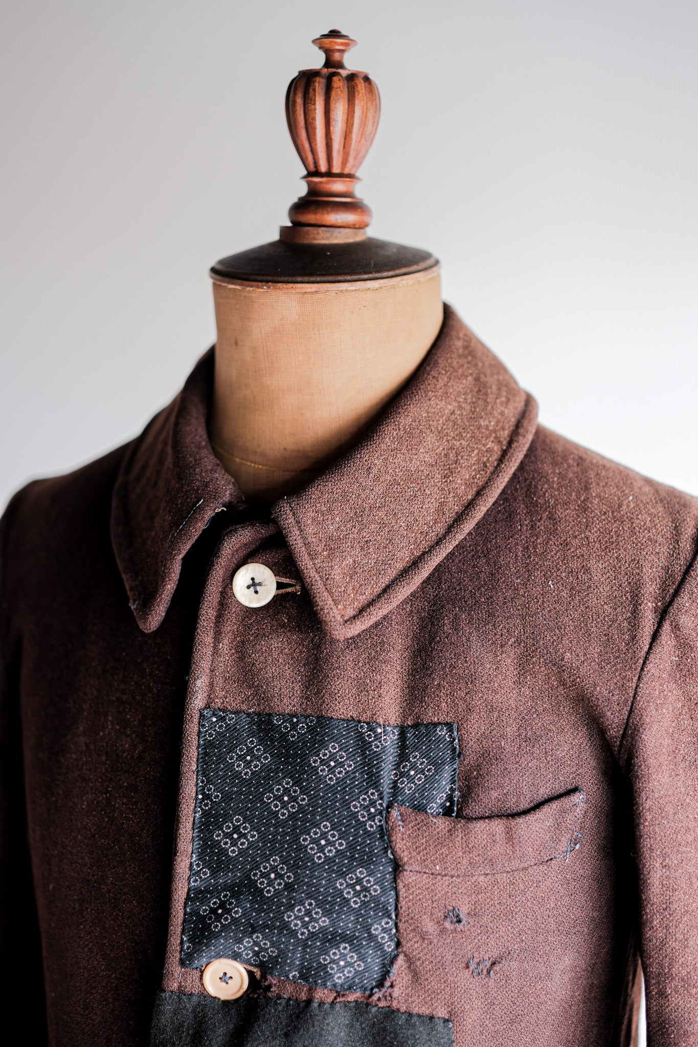 【~20's】French Vintage Brown Wool Work Jacket "Patchwork"