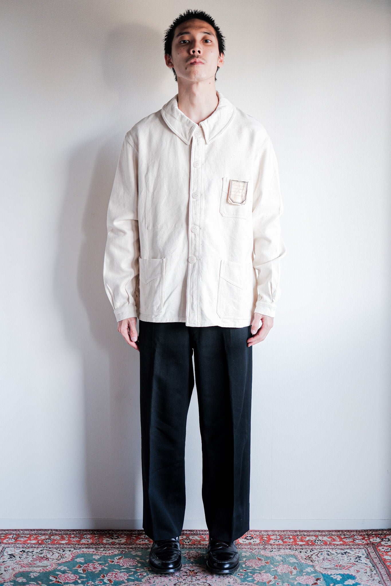 [~ 40's]Français vintage White Cotton Twill Work Jacket Taille.48 « Dead Stock »