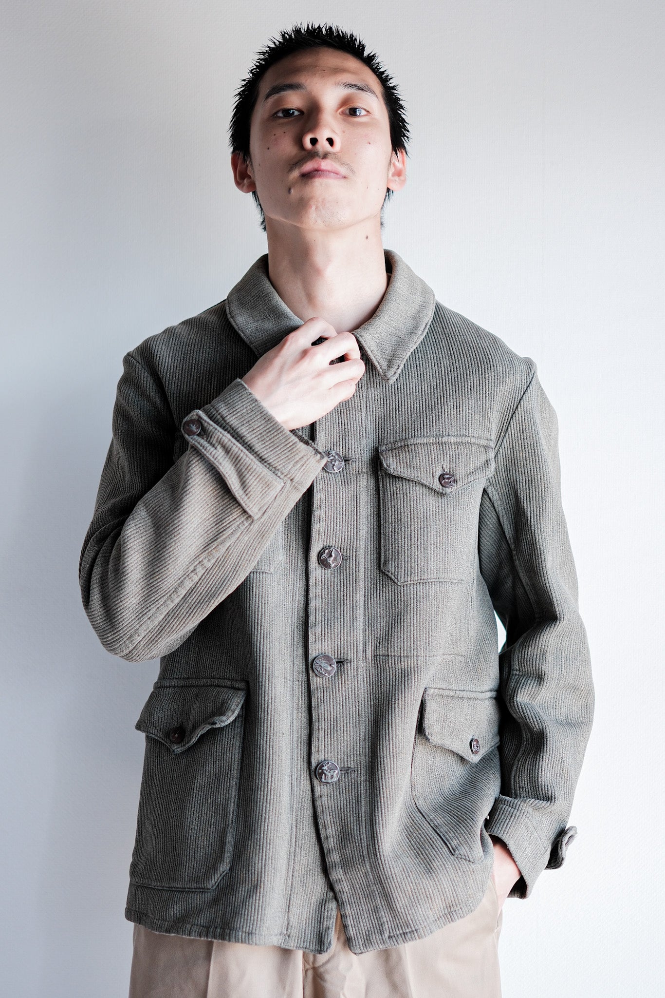 50's] French Vintage Gray Cotton Pique Hunting Jacket