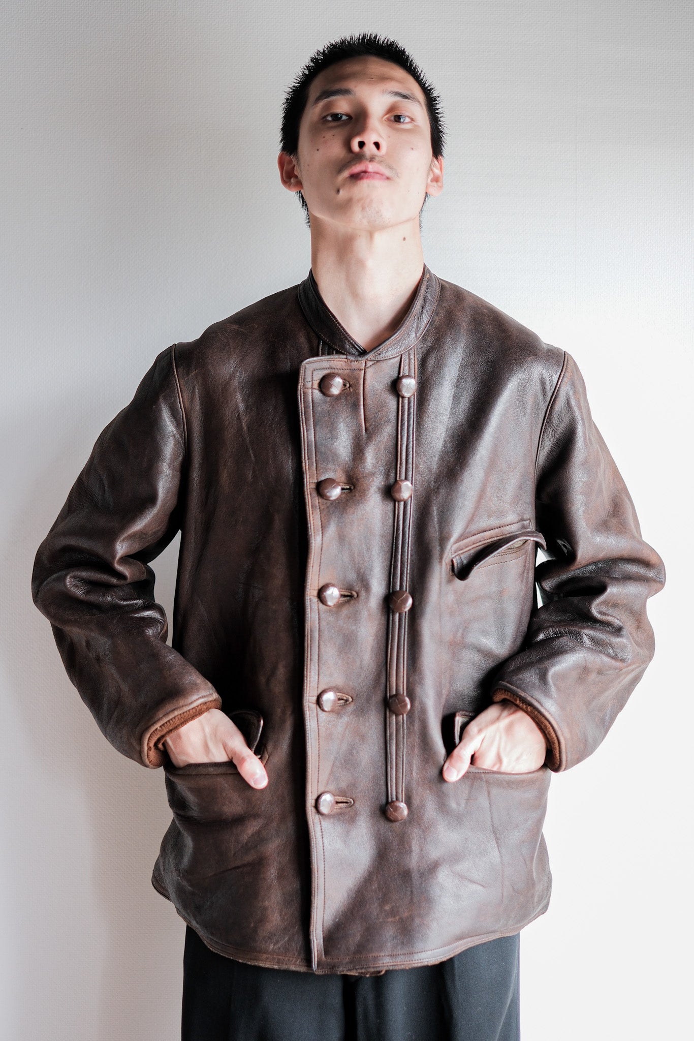 【~40's】Swedish Vintage Double Breasted Leather Jacket