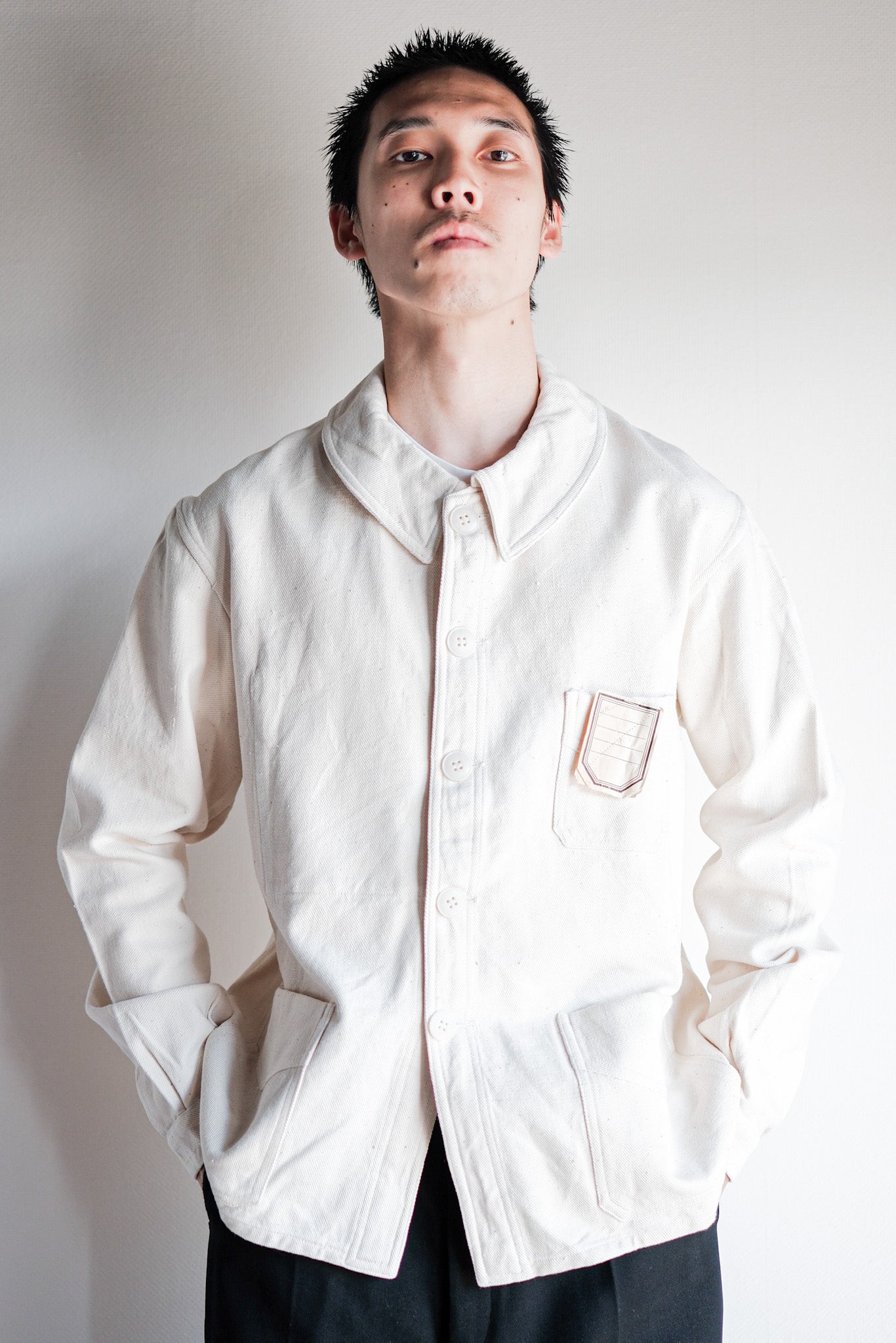 [~ 40's]Français vintage White Cotton Twill Work Jacket Taille.48 « Dead Stock »