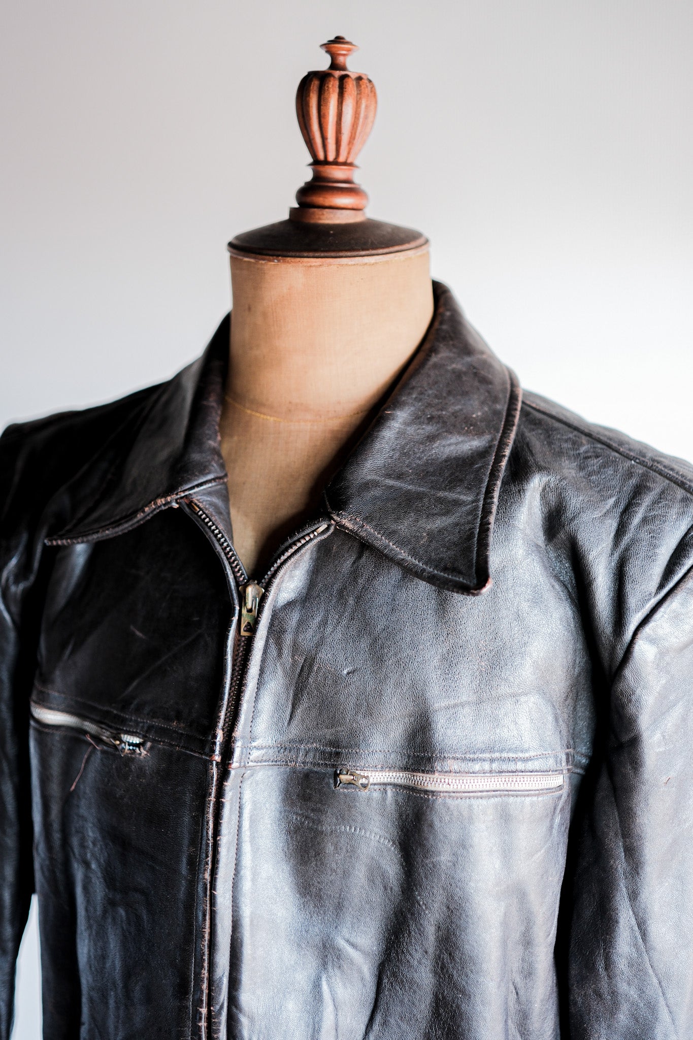 [~ 50's] French Vintage Cyclist Leather Veste Taille.52 "Adolphe Lafont"