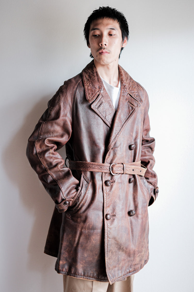 【~40's】French Vintage Double Breasted Brown Leather Coat With Chin Strap