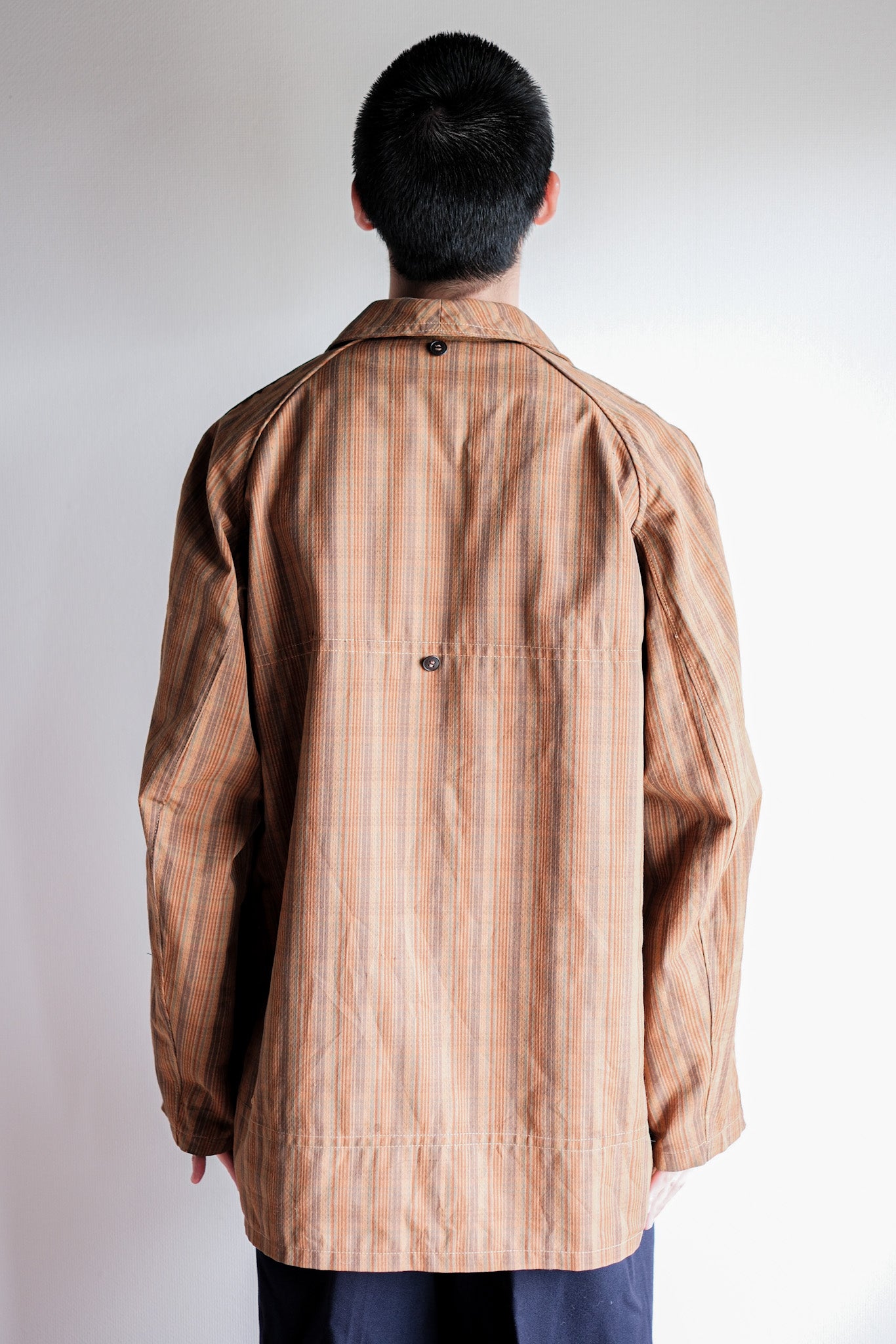 【~50's】French Vintage Brown Cotton Striped Raglan Sleeve Hunting Jacket With Chin Strap "Unusual Pattern"