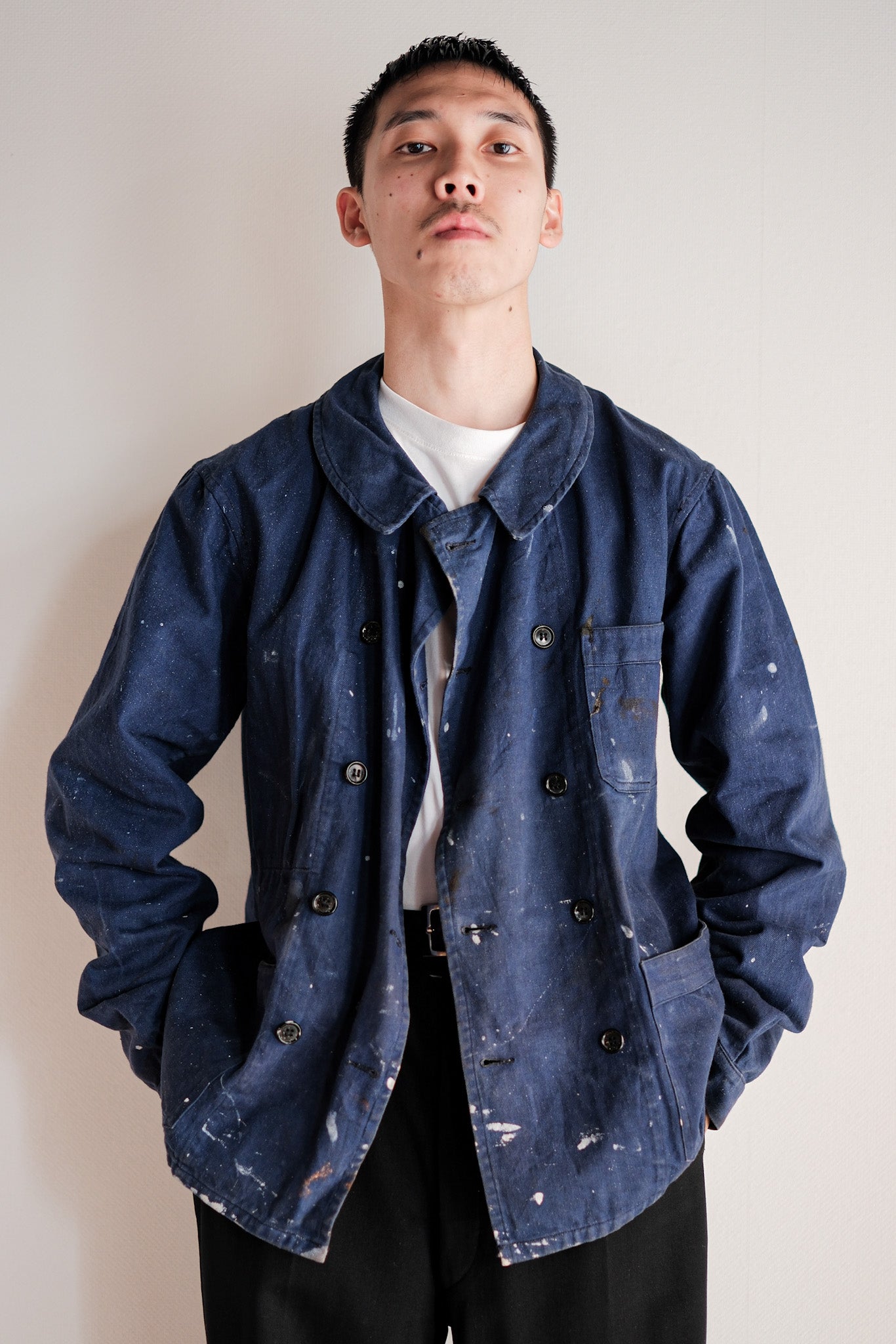 ［~50's］French Vintage Double Breasted Indigo Cotton Twill Work Jacket "Crazy Paint"