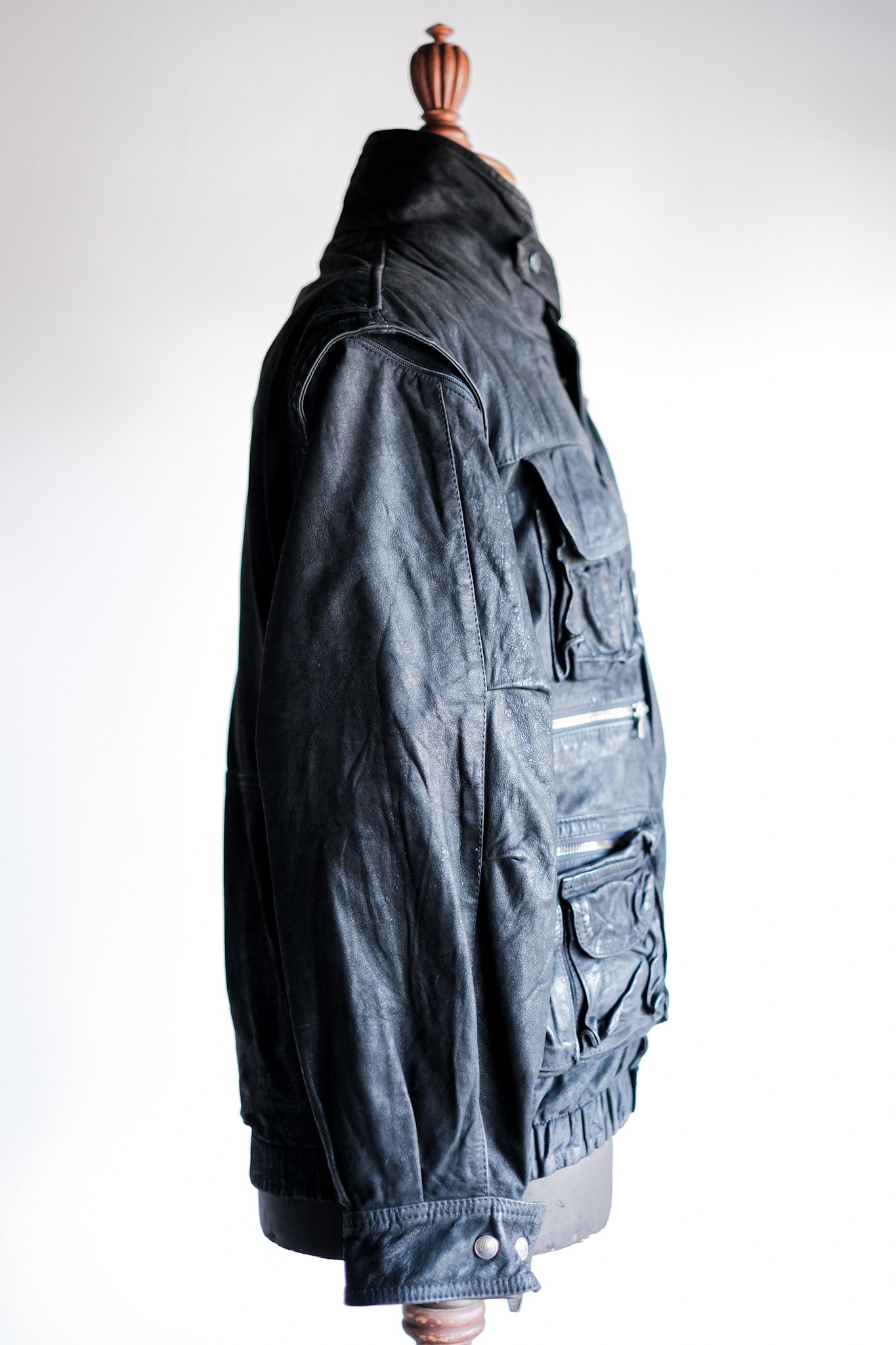 ［~90's］Old Renoma Paris Black Leather Detachable Sleeve Multi Pocket Jacket Size.M