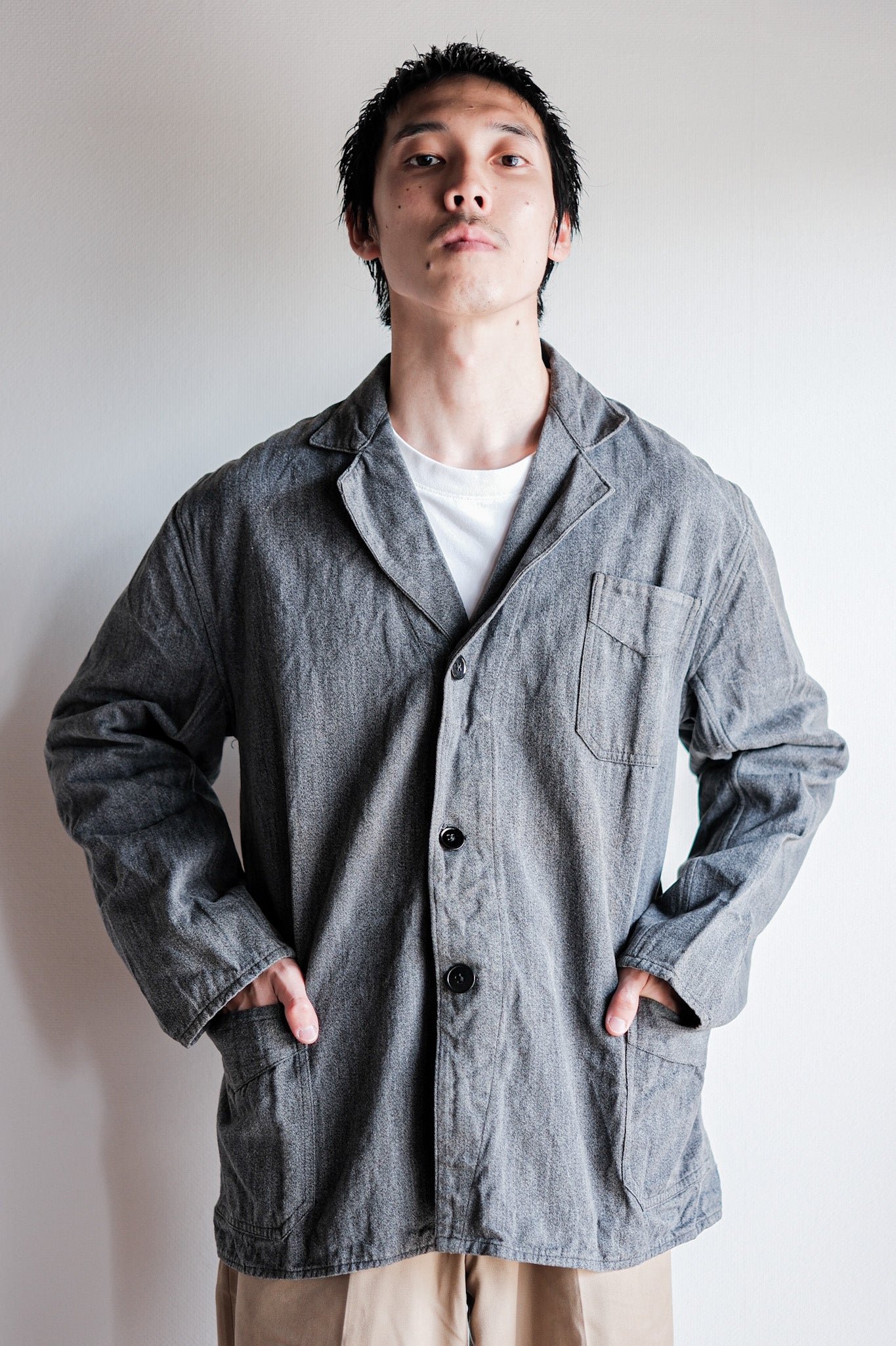 ［~40’s］French Vintage Salt & Pepper Cotton Lapel Work Jacket