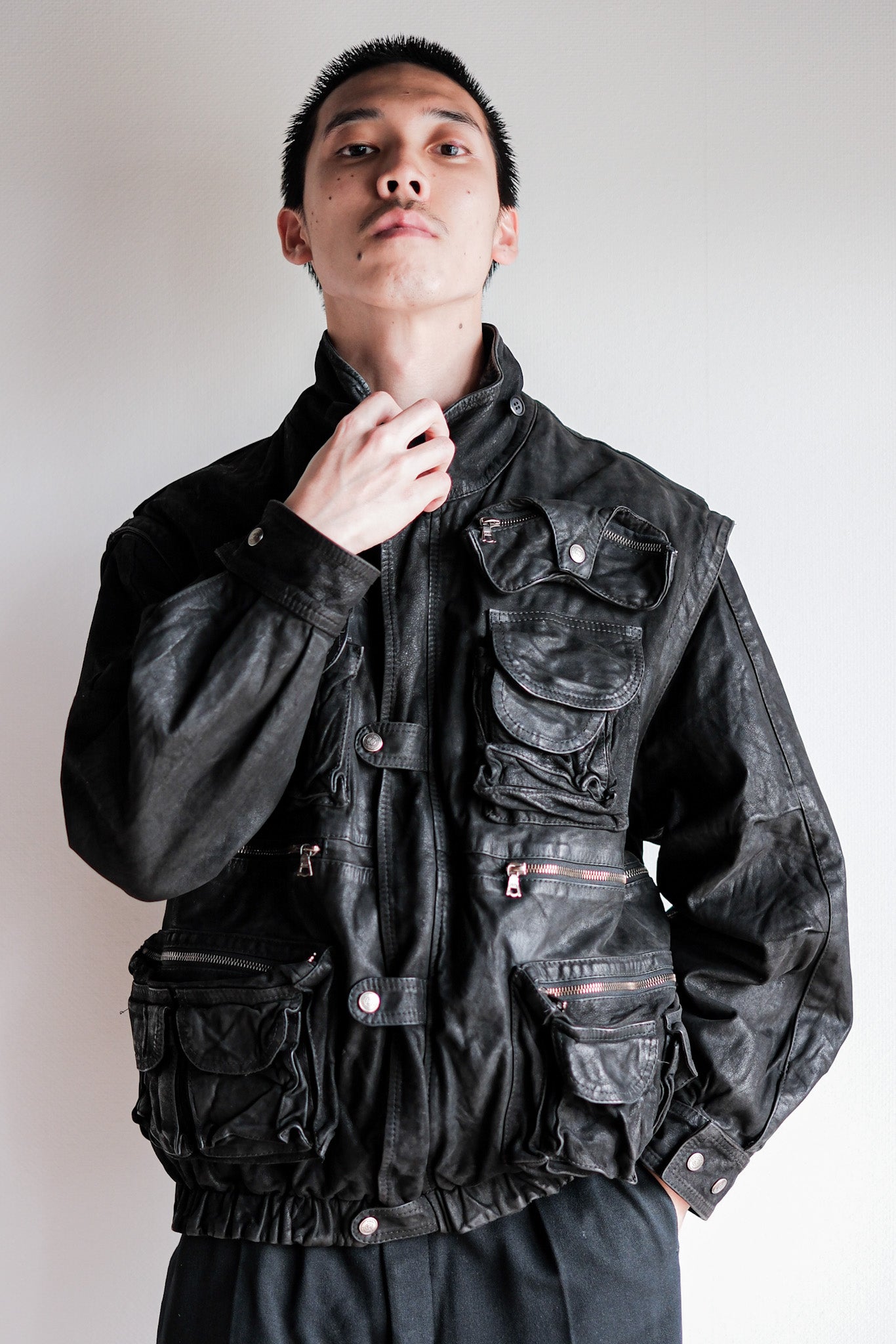 ［~90's］Old Renoma Paris Black Leather Detachable Sleeve Multi Pocket Jacket Size.M