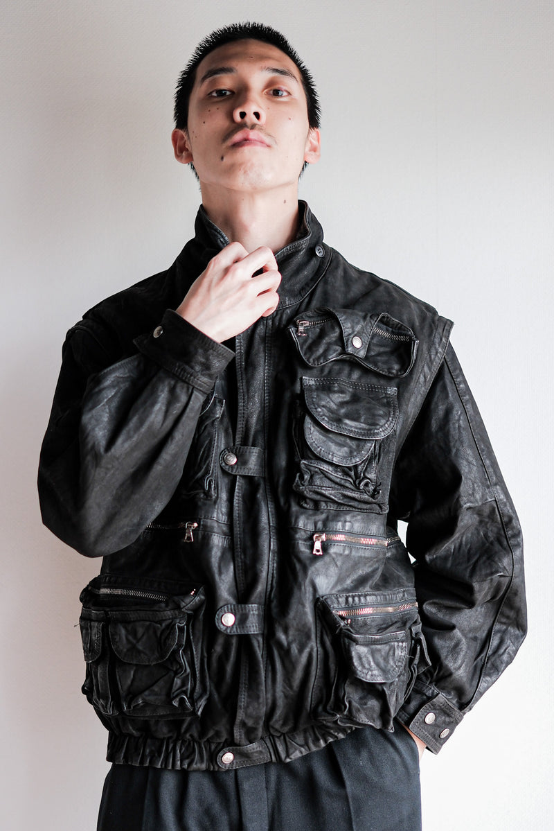 [~90's] Old Renoma Paris Black Leather Detachable Sleeve Multi Pocket Jacket Size.M