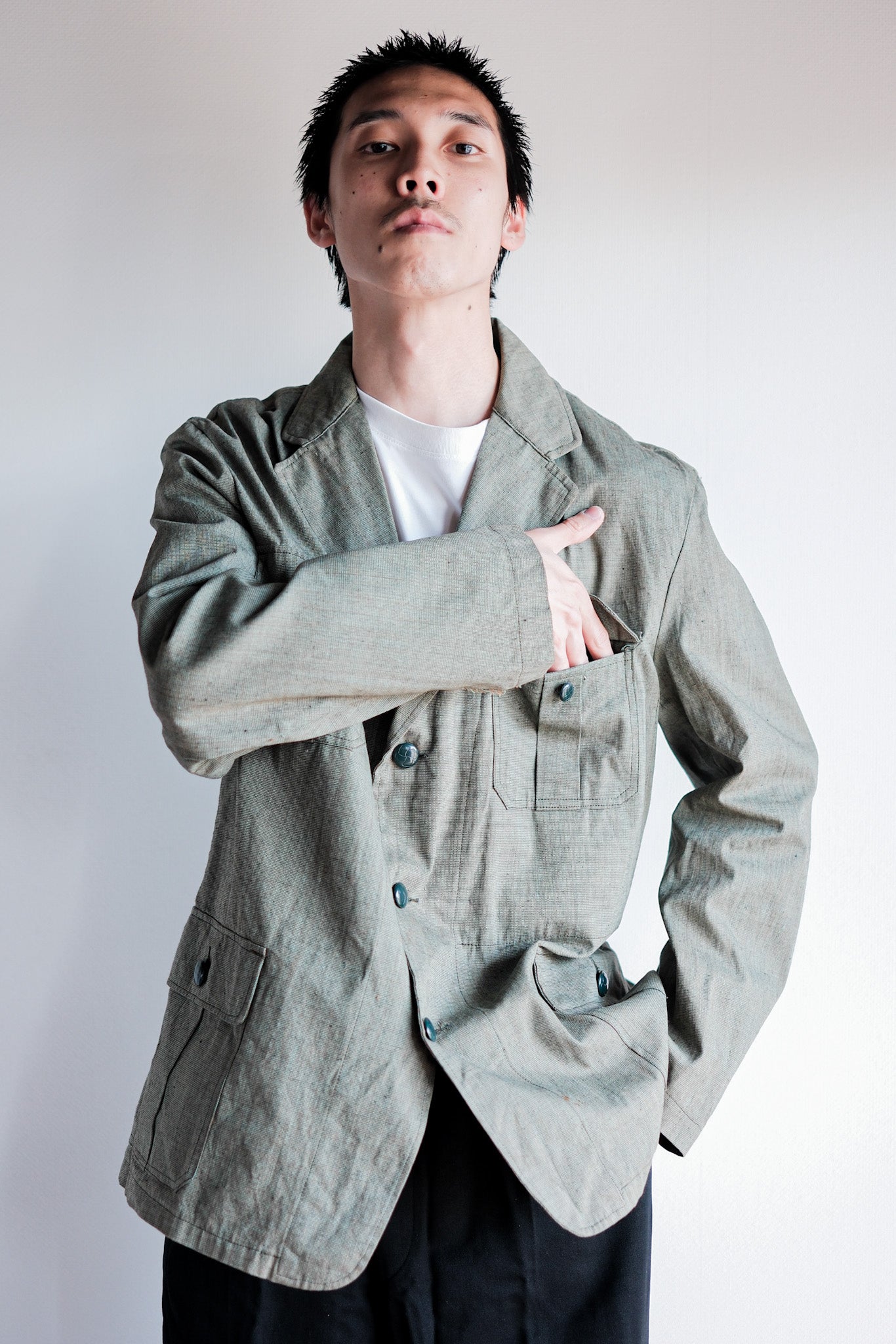 ［~40's］German Vintage Green Chambray 4 Pockets Lapel Work Jacket “Dead Stock”