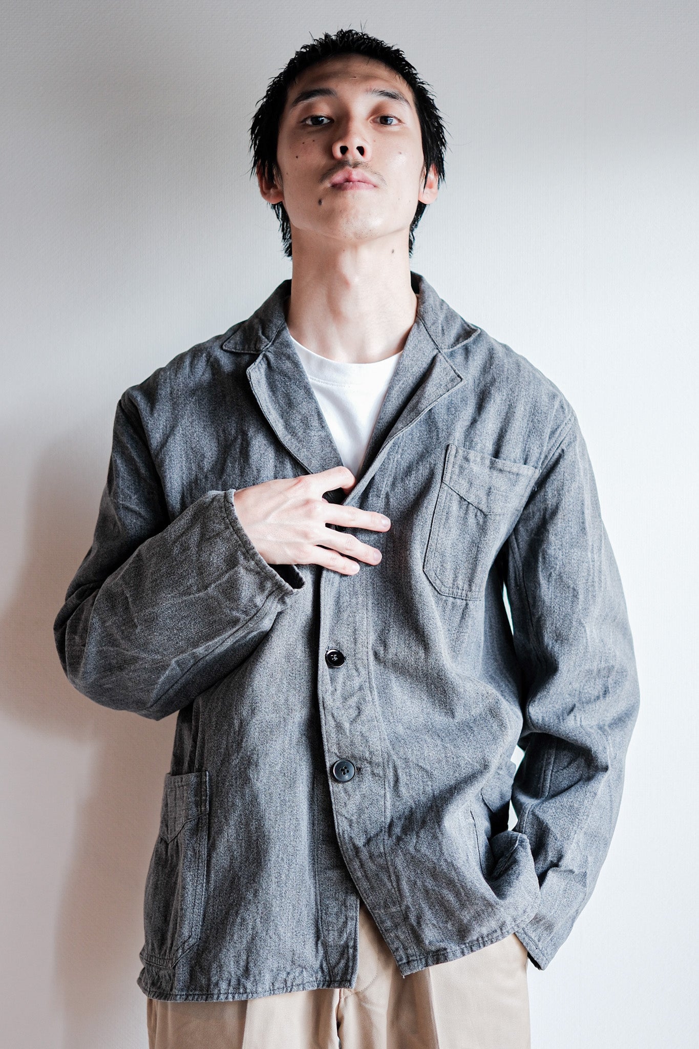 ［~40’s］French Vintage Salt & Pepper Cotton Lapel Work Jacket