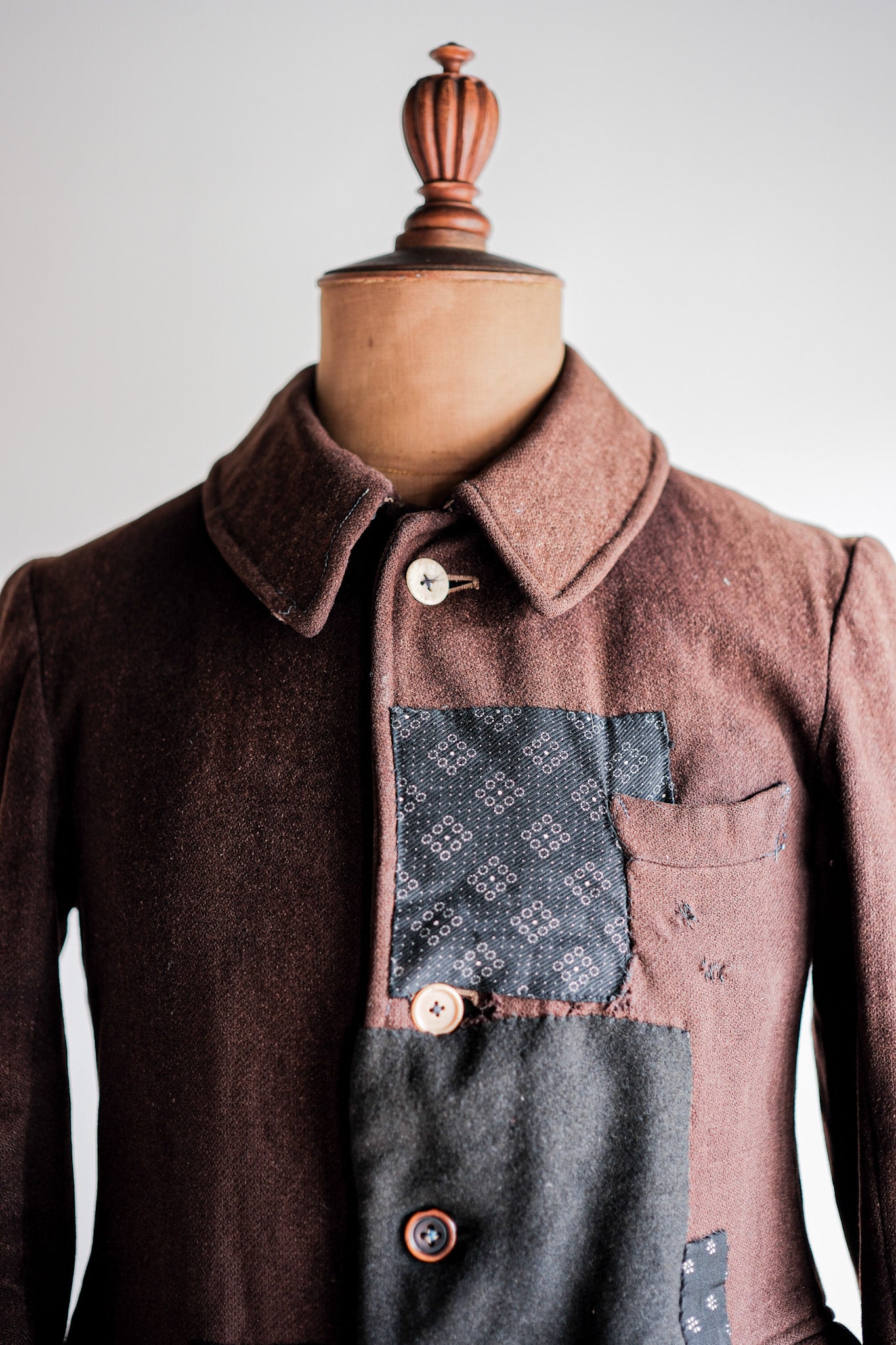 【~20's】French Vintage Brown Wool Work Jacket "Patchwork"