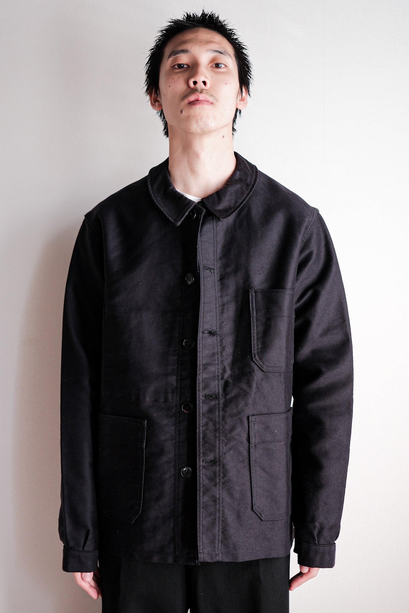 [~ 60's] French Vintage Black Moleskin Work Jacket Size.50 "Le Mont Stockel" "DEAD STOCK"